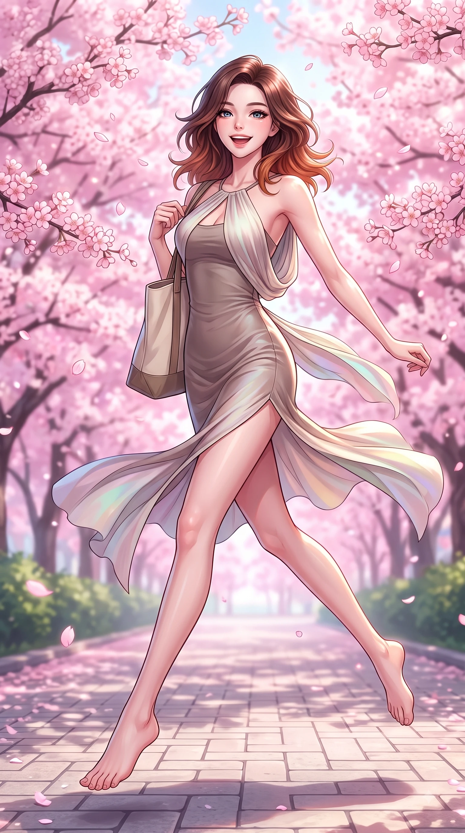 score_9, masterpiece, best quality, ultra-detailed, high-budget anime keyframe, editorial fashion photography, tasteful artistic composition, Korean woman. low angle full-body shot from head to toe showing her feet, filling the entire 9:16 vertical frame with her statuesque presence, stretching her vertical silhouette. leaping with pure youthful energy through mid-air with a radiant bright smile, her impossibly long slender legs stretched in balance while stepping along a paved academy path carrying a canvas tote bag with fresh youthful energy, dense canopies of pink cherry blossoms fluttering in a gentle spring morning breeze. She has an absolutely perfect, statuesque 8.5-heads proportion, an exceptionally tall and slender model-like female figure with impossibly long slender legs and an ultra-slim waist. sharp v-shaped jawline, high-bridge nose, intricate jewel-like eyes with depth, thick eyelashes, glossy lips with a natural sheen, flawlessly proportioned anatomical accuracy, natural body alignment, perfectly sculpted elegant limbs, clean dynamic posture without body distortion. wearing a precision-fitted liquid jersey bodycon dress with a graceful draped back in muted taupe and soft ivory, crafted from iridescent chiffon that shifts colors in the light, accented with a Tasteful chest slit framing her clavicle gracefully, the elegant draped fit framing her graceful clavicle and slender torso. illuminated by soft glowing pink ambient light and clear sky refractions. highly saturated vibrant anime colors, detailed shading with soft gradients, rich glossy textures, high-contrast stereoscopic depth, volumetric dynamic lighting, master piece, 9:16 ratio