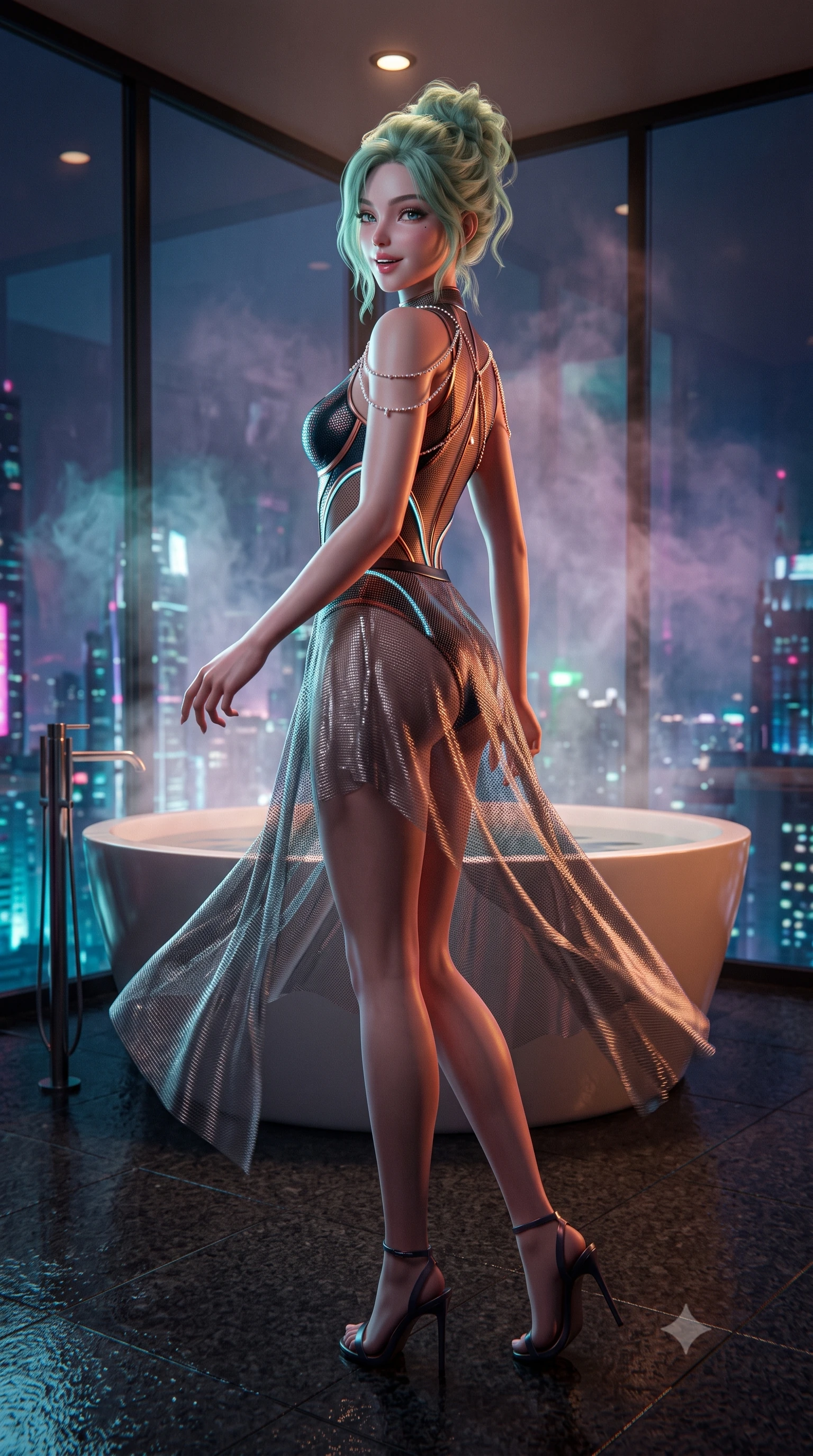 score_9, masterpiece, best quality, ultra-detailed, high-budget anime keyframe, semi-realistic 3D game render, editorial fashion photography, tasteful artistic composition, Japanese woman. low angle full-body shot from head to toe showing her feet, filling the entire 9:16 vertical frame with her statuesque presence, stretching her vertical silhouette. executing a slow, graceful pivot turn as her skirt sways around her slender legs, glancing back with an enchanting, teasing sensual expression while standing poised on the heated dark granite floor beside the freestanding circular soaking tub 90 floors above the city, arching her lower back with breathtaking siren poise as neon mist swirls below. The background shows a soft-focus rising thermal bath steam softened in ultra-futuristic skyscraper sanctuary shallow focus. She has an exceptionally tall and slender model-like 8.5-heads proportion, an ultra-slim waist, a flat toned midriff, narrow delicate ribcage, and beautifully sculpted feminine hips creating a graceful, slim hourglass silhouette without any bulky heaviness, with impossibly long slender legs. sharp v-shaped jawline, high-bridge nose, intricate jewel-like sparkling eyes with depth, thick eyelashes, glossy parted lips with a natural peach sheen, bright cheerful beaming smile with an enchanting and coquettish sensual glint, exuding both youthful cute charm and seductive allure, flawlessly proportioned anatomical accuracy, strict slender model proportions, natural body alignment, perfectly sculpted long slender limbs, ultra-slim waistline, clean dynamic posture without body distortion. wearing a provocative cyber-mesh sheer bodysuit with luminescent holographic fiber piping contouring her hourglass frame in Lofoten midnight obsidian and warm hearth copper, woven from stretch metallic lurex jersey casting radiant starlight glints across her curves, accented with a pearl-drop body harness subtly framing her dewy collarbones and spine, the glove-like clinging cut tightly following the natural contour of her hips and long slender legs with youthful 8.5-heads elegance. bathed in the dramatic neon ambient of the cyberpunk metropolis contrasted with dim 2800K recessed cove downlights. highly saturated vibrant anime colors, detailed shading with soft gradients, rich glossy textures, high-contrast stereoscopic depth, volumetric dynamic lighting, master piece, 9:16 ratio