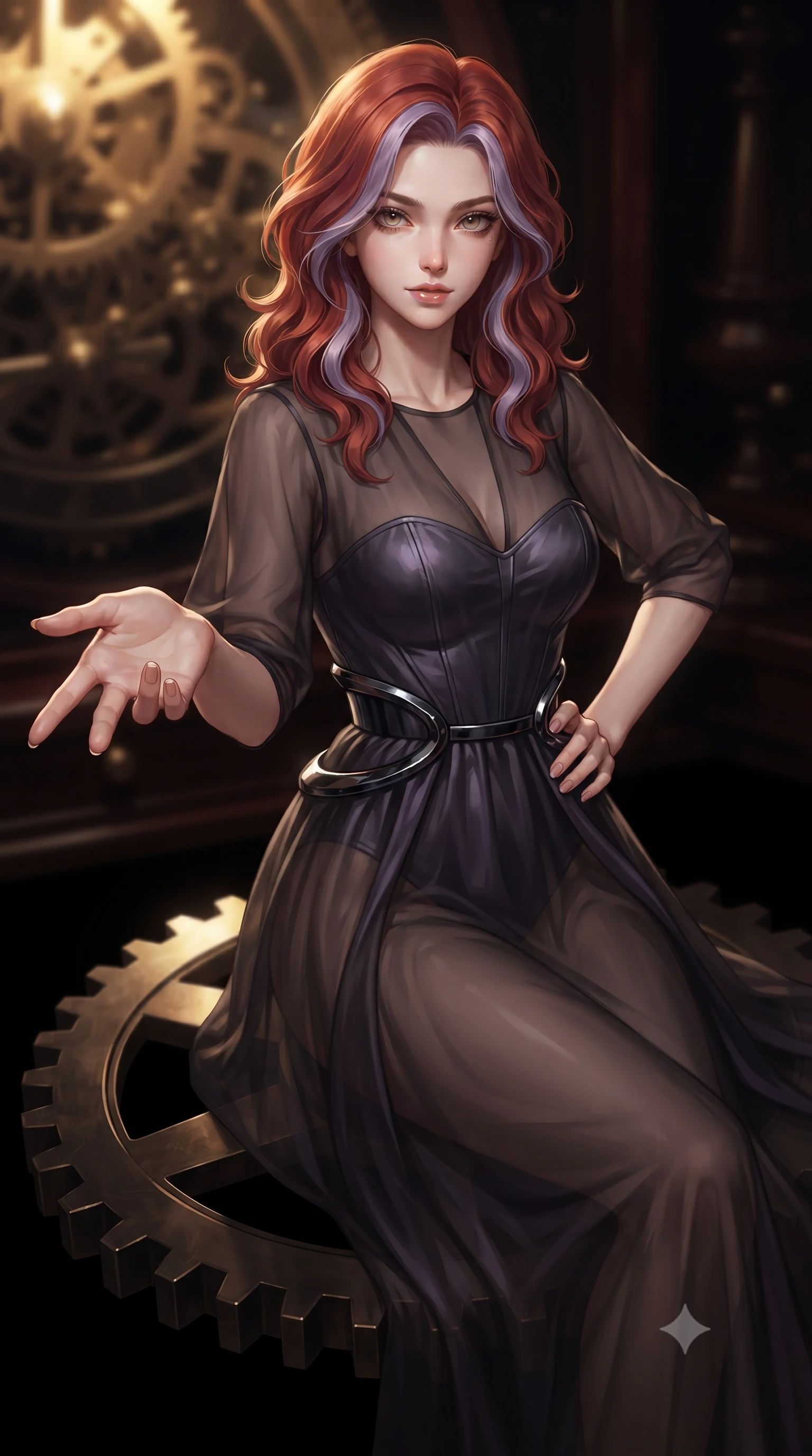 score_9, masterpiece, best quality, ultra-detailed, high-budget anime keyframe, editorial fashion photography, tasteful artistic composition, Caucasian woman. close-up cowboy shot from the waist and thighs up, the character dominates the composition, filling the frame with her large presence, background elements kept in soft focus. Reaching one hand toward the viewer with relaxed dark elegance, poised on a massive dark brass gear suspended over a pitch-black clockwork void, dark polished mahogany textures absorbing deep shadow tones. She has an exceptionally elegant, slender, and willowy female figure with an ultra-slim waist, a gracefully sculpted slender torso, and a refined silhouette. sharp v-shaped jawline, high-bridge nose, intricate jewel-like eyes with depth, thick eyelashes, glossy lips with a natural sheen. wearing semi-opaque sheer dark chiffon gown revealing structured bodice silhouette in dark charcoal gray, made of iridescent dark violet taffeta, accented with sculpted obsidian chrome rings at the waist, contouring every curve with an exceptionally elegant silhouette. lit by intense golden clockwork key light against cold midnight darkness. ultra-reflective glossy finish, specular highlights, metallic sheen, high-contrast stereoscopic depth, volumetric dynamic lighting, 2k, ultra detail, master piece, 9:16 ratio