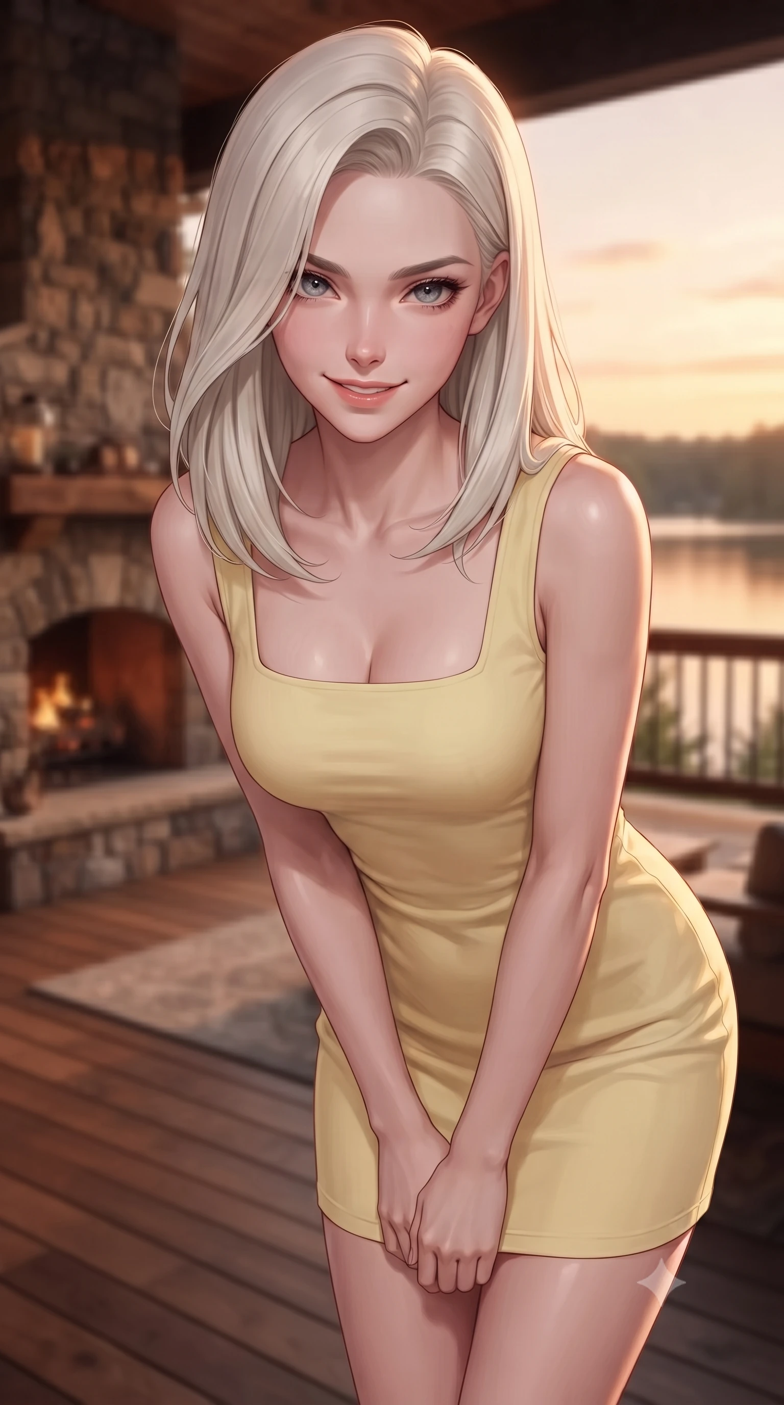 score_9, masterpiece, best quality, ultra-detailed, high-budget anime keyframe, editorial fashion photography, tasteful artistic composition, Caucasian woman. close-up cowboy shot from the waist and thighs up, the character dominates the composition, filling the frame with her large presence, background elements kept in soft focus. leaning slightly forward with a playful, teasing smile, her gaze locked onto the viewer the background shows a soft-focus a rustic wood deck with a stone fireplace facing a lake in a private estate. She has an exceptionally elegant, slender, and willowy female figure with an ultra-slim waist, a gracefully sculpted slender torso, and a refined silhouette. sharp v-shaped jawline, high-bridge nose, intricate jewel-like eyes with depth, thick eyelashes, glossy lips with a natural sheen. wearing a slim-fit casual summer sundress in pale yellow cotton with a simple square neckline. warm sunset light casting a peaceful, cozy orange wash on her figure. ultra-reflective glossy finish, specular highlights, metallic sheen, high-contrast stereoscopic depth, volumetric dynamic lighting, 2k, ultra detail, master piece, 9:16 ratio