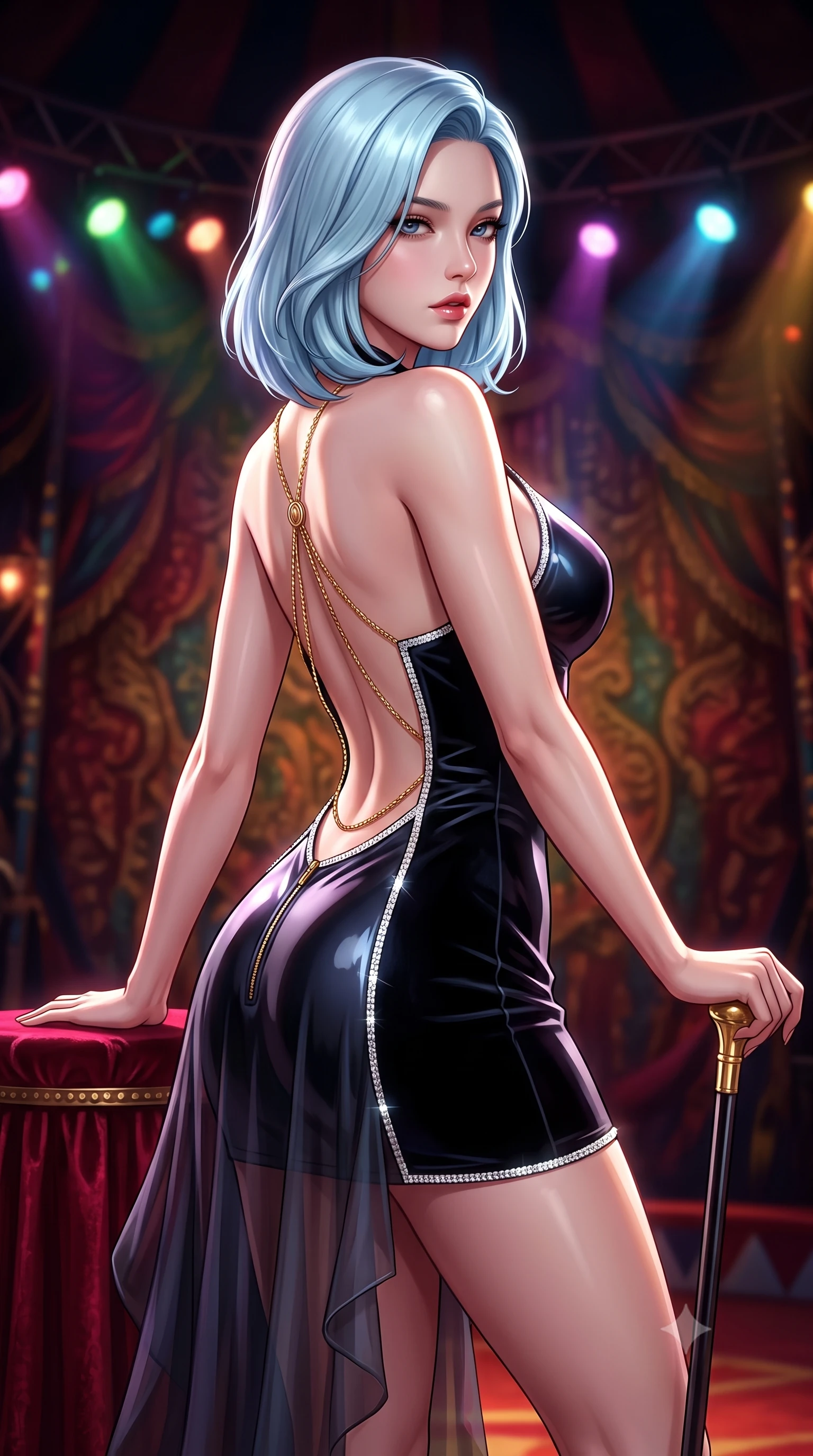 score_9, masterpiece, best quality, ultra-detailed, high-budget anime keyframe, semi-realistic 3D game render, editorial fashion photography, tasteful artistic composition, Korean woman. close-up cowboy shot from the waist and thighs up, the character dominates the composition, filling the frame with her large presence. twisting her slender torso in a deep contrapposto stance, hips dramatically shifted to accentuate her feminine curves while looking past her shoulder with smoldering bedroom-eyes while leaning against a crimson circus ringmaster podium with hips cocked back, holding a gold-tipped cane while locking smoldering eyes with the lens. The surrounding environment is rendered in vivid detail and crisp panoramic clarity. intense theatrical chiaroscuro and decadent dark carnival aesthetics rendered with precision. She has an exceptionally elegant, slender, and willowy female figure with an ultra-slim waist, a gracefully sculpted slender torso, toned flat midriff, and rounded feminine hips creating an alluring hourglass silhouette. sharp v-shaped jawline, high-bridge nose, intricate jewel-like eyes with depth, thick eyelashes, glossy parted lips with a natural sheen, intensely captivating and seductive bedroom-eyes expression, flawlessly proportioned anatomical accuracy, strict slender model proportions, natural body alignment, perfectly sculpted long slender limbs, ultra-slim waistline, clean dynamic posture without body distortion. wearing a form-contouring vinyl circus mini dress with front zipper and body-hugging hip hug in pitch-black velvet and glittering diamond crystal trim, woven from layered gossamer chiffon with a weightless sweeping drape, accented with a glittering gold back chain tracing her bare spine down to her hip line, the liquid-tight tailored fabric clinging flawlessly to her narrow waist and rounded feminine hips, emphasizing every millimeter of her sculpted hourglass curves during movement. illuminated by crisp directional rim lighting sharply carving her razor-sharp jawline, narrow waist, and curvy hips. highly saturated vibrant anime colors, detailed shading with soft gradients, rich glossy textures, high-contrast stereoscopic depth, volumetric dynamic lighting, master piece, 9:16 ratio