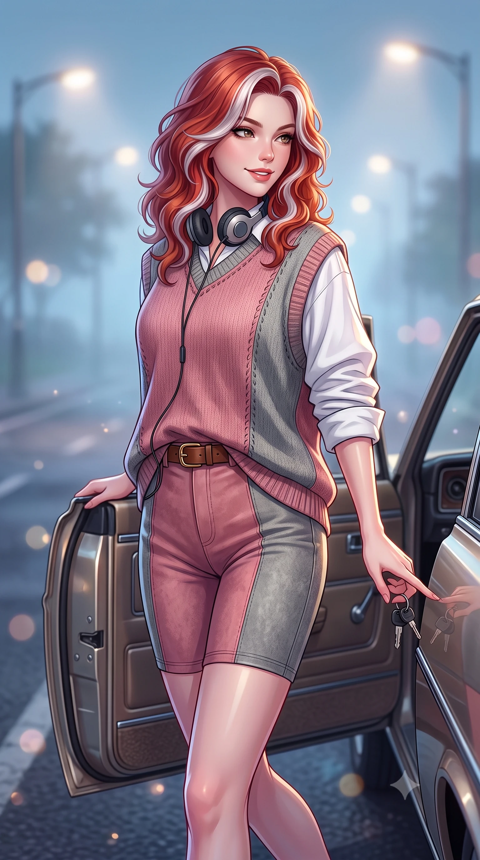 score_9, masterpiece, best quality, ultra-detailed, high-budget anime keyframe, semi-realistic 3D game render, editorial fashion photography, tasteful artistic composition, Caucasian woman. close-up cowboy shot from the waist and thighs up, the character dominates the composition, filling the frame with her large presence. turning over her shoulder with an indomitable, smoldering gaze, her soft hair framing her razor-sharp v-shaped jawline while pivoting dynamically beside the car door with keys swinging from her finger and a confident, carefree retro smile. The composition keeps background elements in soft focus with creamy bokeh. cool ocean mist and streetlamp halos scattering dreamy nostalgic light motes across the road. She has an exceptionally elegant, slender, and willowy female figure with an ultra-slim waist, a gracefully sculpted slender torso, toned flat midriff, and a refined slim silhouette. sharp v-shaped jawline, high-bridge nose, intricate jewel-like eyes with depth, thick eyelashes, glossy lips with a natural sheen, captivating and magnetic expression, flawlessly proportioned anatomical accuracy, strict slender model proportions, natural body alignment, perfectly sculpted long slender limbs, ultra-slim waistline, clean dynamic posture without body distortion. wearing an oversized 90s knit sweater vest worn over a crisp white boyfriend shirt and cycling shorts in dusty rose pink and vintage heather grey, tailored from velvety soft genuine suede with classic stitched seams, accessorized with a classic leather belt with brass buckle and retro on-ear foam headphones, the form-contouring material adhering flawlessly to her sculpted flat midriff and slender torso, emphasizing her long leg lines and perfectly proportioned willowy build. illuminated by crisp metallic reflections tracing her ultra-slim waistline, collarbones, and long legs. highly saturated vibrant anime colors, detailed shading with soft gradients, rich glossy textures, high-contrast stereoscopic depth, volumetric dynamic lighting, master piece, 9:16 ratio