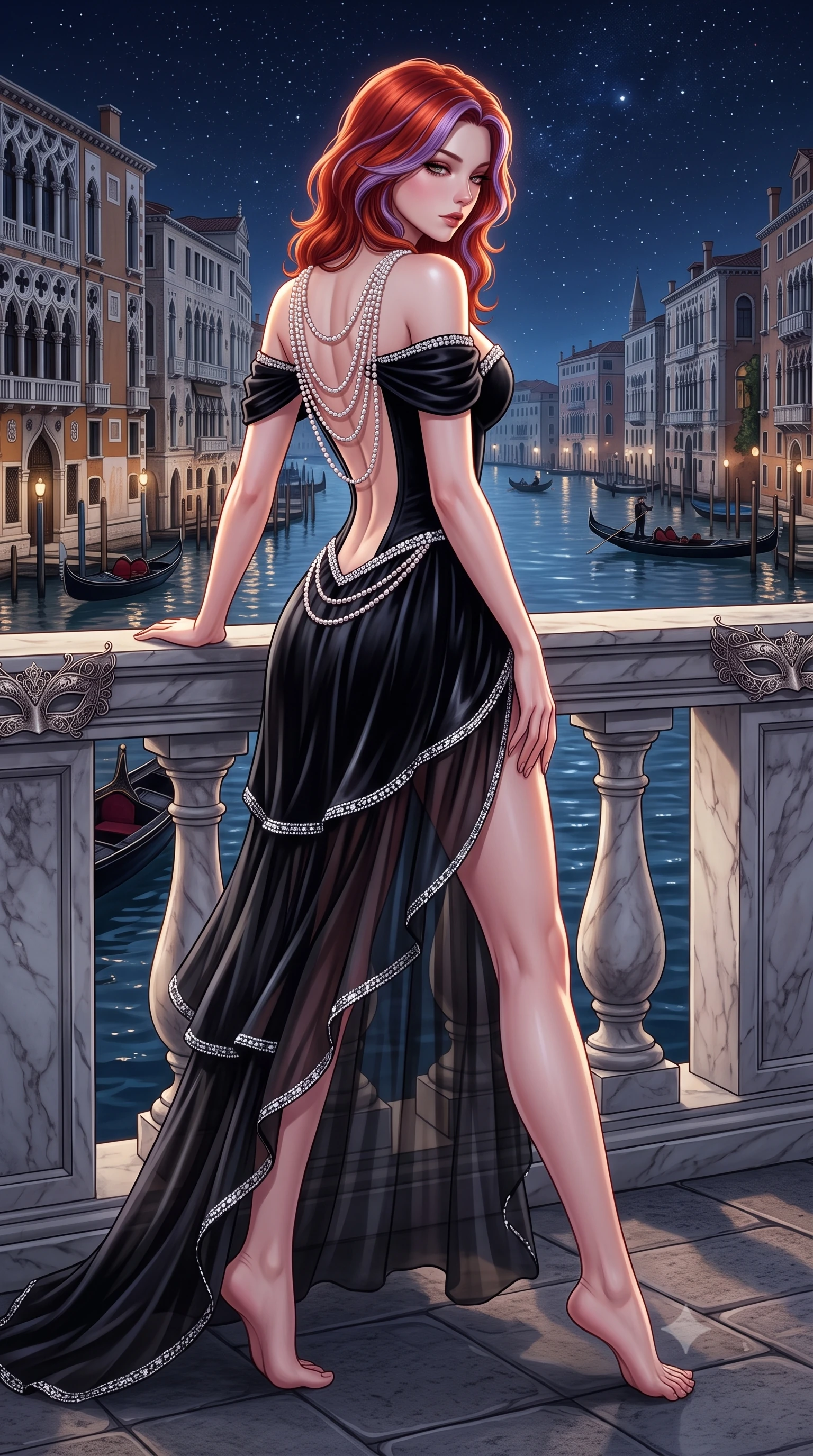 score_9, masterpiece, best quality, ultra-detailed, high-budget anime keyframe, semi-realistic 3D game render, editorial fashion photography, tasteful artistic composition, Caucasian woman. low angle full-body shot from head to toe showing her feet, filling the entire 9:16 vertical frame with her statuesque presence, stretching her vertical silhouette. striding forward in a proud supermodel runway stride, hips swaying in an alluring kinetic rhythm that accentuates her curvy hourglass silhouette while leaning against the marble balustrade of a Grand Canal palazzo with hips cocked back, gazing down at the passing gondolas with seductive bedroom-eyes. The surrounding environment is rendered in vivid detail and crisp panoramic clarity. detailed mask filigree, silk dress drape folds, and starry night sky reflections in high resolution. She has an exceptionally tall and slender model-like 8.5-heads proportion, an ultra-slim waist, a flat toned midriff, narrow delicate ribcage, and beautifully sculpted feminine hips creating a graceful, slim hourglass silhouette without any bulky heaviness, with impossibly long slender legs. sharp v-shaped jawline, high-bridge nose, intricate jewel-like eyes with depth, thick eyelashes, glossy parted lips with a natural sheen, intensely captivating and seductive bedroom-eyes expression, flawlessly proportioned anatomical accuracy, strict slender model proportions, natural body alignment, perfectly sculpted long slender limbs, ultra-slim waistline, clean dynamic posture without body distortion. wearing an off-shoulder French court corset bodice dress paired with a tiered translucent chiffon slit skirt in pitch-black velvet with diamond crystal trim, tailored from ultra-smooth duchess satin with a pearlescent sheen, accented with a multi-strand pearl back necklace cascading down her bare spine to her hips, the second-skin form-contouring cut accentuating her sculpted flat midriff, narrow delicate ribcage, and gracefully curvy hips with supermodel precision. illuminated by crisp specular highlights defining her slender neckline, ultra-slim waist, and curvy hips. highly saturated vibrant anime colors, detailed shading with soft gradients, rich glossy textures, high-contrast stereoscopic depth, volumetric dynamic lighting, master piece, 9:16 ratio