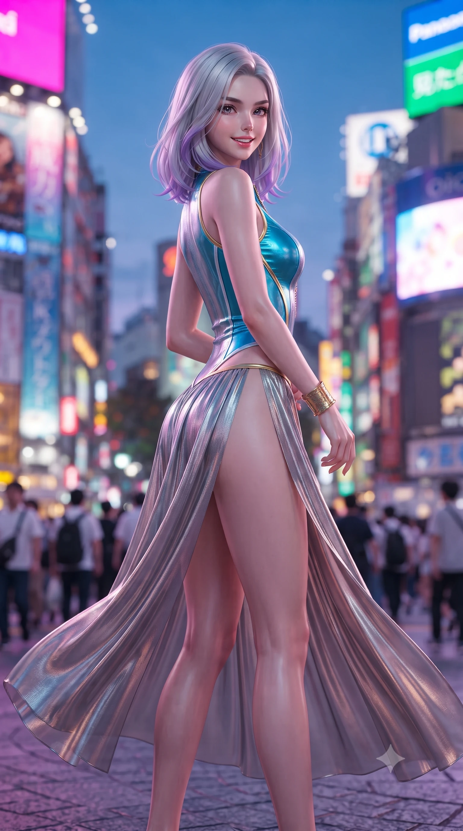score_9, masterpiece, best quality, ultra-detailed, high-budget anime keyframe, editorial fashion photography, tasteful artistic composition, Caucasian woman. low angle full-body shot from head to toe showing her feet, filling the entire 9:16 vertical frame with her statuesque presence, stretching her vertical silhouette. executing a slow, graceful pivot turn as her skirt sways around her slender legs, glancing back with an enchanting, teasing sensual expression while twisting her slender torso in an alluring contrapposto stance, thousands of neon billboards casting saturated electric colors across her curves. The background shows a soft-focus colossal Shibuya Crossing with tiny pedestrian crowds, massive neon video billboards, and dense Tokyo skyline blurred into electric magenta, cyan, and amber bokeh. She has an exceptionally tall and slender model-like 8.5-heads proportion, an ultra-slim waist, a flat toned midriff, narrow delicate ribcage, and beautifully sculpted feminine hips creating a graceful, slim hourglass silhouette without any bulky heaviness, with impossibly long slender legs. sharp v-shaped jawline, high-bridge nose, intricate jewel-like sparkling eyes with depth, thick eyelashes, glossy parted lips with a natural peach sheen, bright cheerful beaming smile with an enchanting and coquettish sensual glint, exuding both youthful cute charm and seductive allure, flawlessly proportioned anatomical accuracy, strict slender model proportions, natural body alignment, perfectly sculpted long slender limbs, ultra-slim waistline, clean dynamic posture without body distortion. wearing a form-contouring wet-look neoprene zip-front maillot with high-cut leg openings and gold racing side trims in Shibuya electric cyan and chrome silver, crafted from delicate pleated metallic lamé catching dynamic light with every step, accented with delicate golden wrist cuffs reflecting warm chandelier light, the precision-cut side openings and low-back scoop framing her graceful spine and the sensual sweep of her slim, toned hips. bathed in the breathtaking contrast of violet dusk sky and blinding saturated neon magenta and cyan billboard backlighting. ultra-reflective glossy finish, specular highlights, rich textural contrasts, high-contrast stereoscopic depth, volumetric dynamic lighting, 2k, ultra detail, master piece, 9:16 ratio