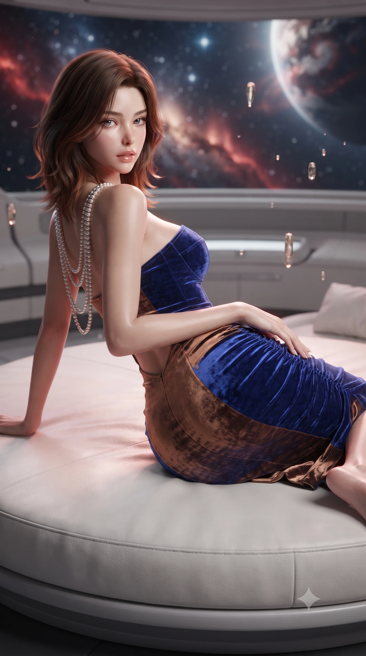 score_9, masterpiece, best quality, ultra-detailed, high-budget anime keyframe, editorial fashion photography, tasteful artistic composition, Korean woman. close-up cowboy shot from the waist and thighs up, the character dominates the composition, filling the frame with her large presence. resting one manicured hand delicately on her hip bone, her upper body turning in a fluid, seductive S-curve while parted lips glisten in the light while reclining languidly on a circular white leather daybed with one knee bent, cosmic radiation auroras and planetary storm-glow tracing her feminine hips and flat midriff. The composition keeps background elements in soft focus with creamy bokeh. floating zero-gravity champagne droplets and sleek cruiser bulkhead ribs softened in glamorous sci-fi shallow focus. She has an exceptionally elegant, slender, and willowy female figure with an ultra-slim waist, flat toned midriff, narrow ribcage, and sculpted feminine hips creating an alluring, slim hourglass silhouette without bulk. sharp v-shaped jawline, high-bridge nose, intricate jewel-like eyes with depth, thick eyelashes, glossy parted lips with a natural sheen, intensely captivating and seductive bedroom-eyes expression, flawlessly proportioned anatomical accuracy, strict slender model proportions, natural body alignment, perfectly sculpted long slender limbs, ultra-slim waistline, clean dynamic posture without body distortion. wearing an ultra-fitted strapless bustier midi dress with side hip ruching and exposed spine in royal sapphire blue and liquid bronze, crafted from heavyweight crushed silk velvet with liquid vintage luster, accented with a multi-strand pearl back necklace cascading down her bare spine to her hips, the second-skin form-contouring cut accentuating her sculpted flat midriff, narrow delicate ribcage, and gracefully curvy hips with supermodel precision. bathed in dramatic warm crimson and copper planetary storm glow contrasting with cool cosmic starlight ambient fill. ultra-reflective glossy finish, specular highlights, rich textural contrasts, high-contrast stereoscopic depth, volumetric dynamic lighting, 2k, ultra detail, master piece, 9:16 ratio