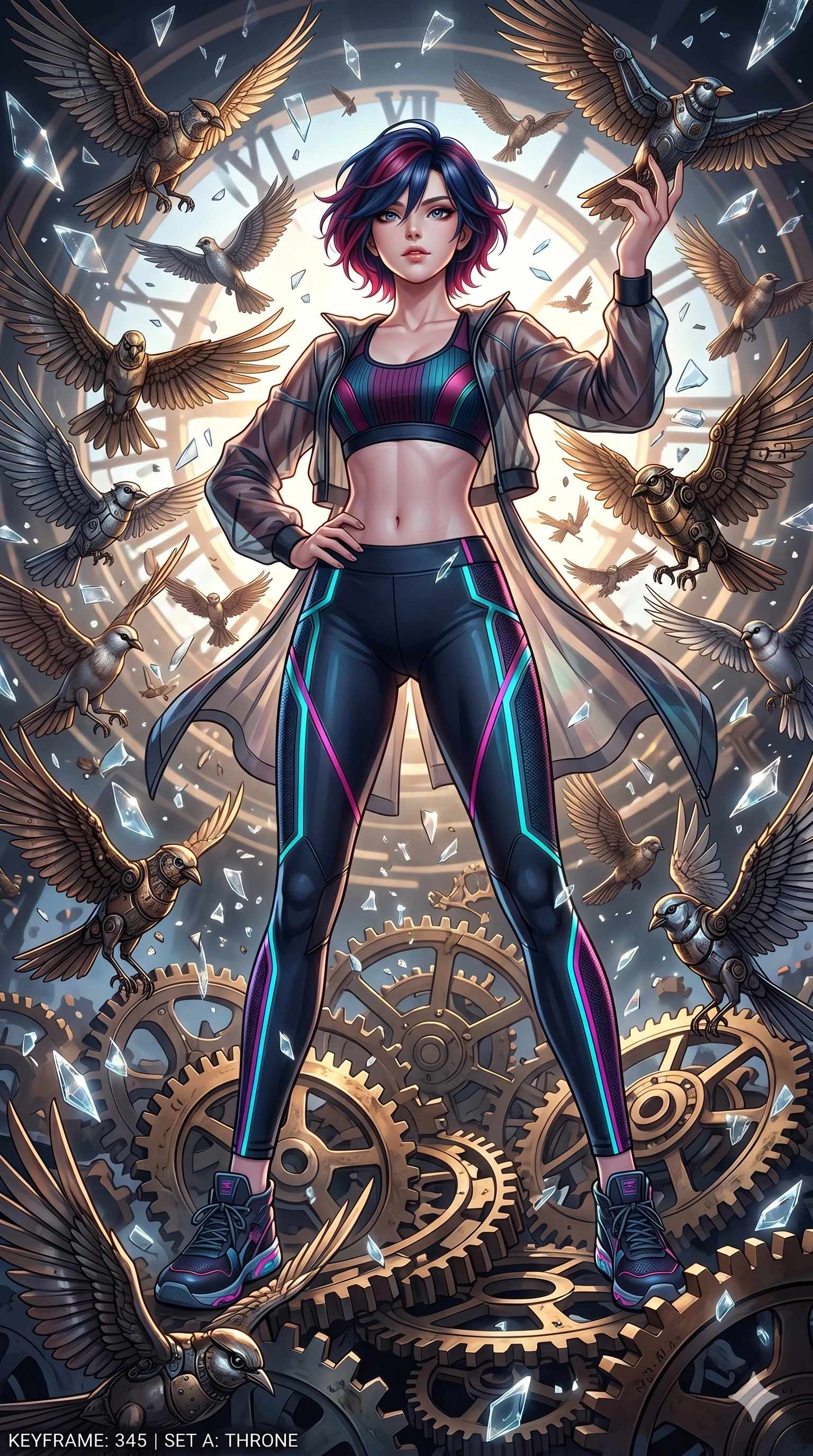 score_9, masterpiece, best quality, ultra-detailed, Set A: High-budget Anime Keyframe, Japanese woman. Low angle cowboy shot filling the entire 9:16 frame with her statuesque presence. Standing victoriously through a throne of gears, surrounded by a whirlwind of 192 mechanical birds and surrounded by shattered glass fragments. She has an absolutely perfect 8-heads proportion, an exceptionally tall and slender female figure with impossibly long slender legs and an ultra-slim waist. Sharp v-shaped jawline, high-bridge nose, intricate jewel-like eyes with depth, thick eyelashes, glossy lips with a natural sheen. Wearing Athleisure set with a ribbed sports bra, sheer windbreaker, and glowing energy seams. Cinematic lighting, vibrant colors, dramatic shadows, 2k, ultra detail, master piece, 9:16 ratio