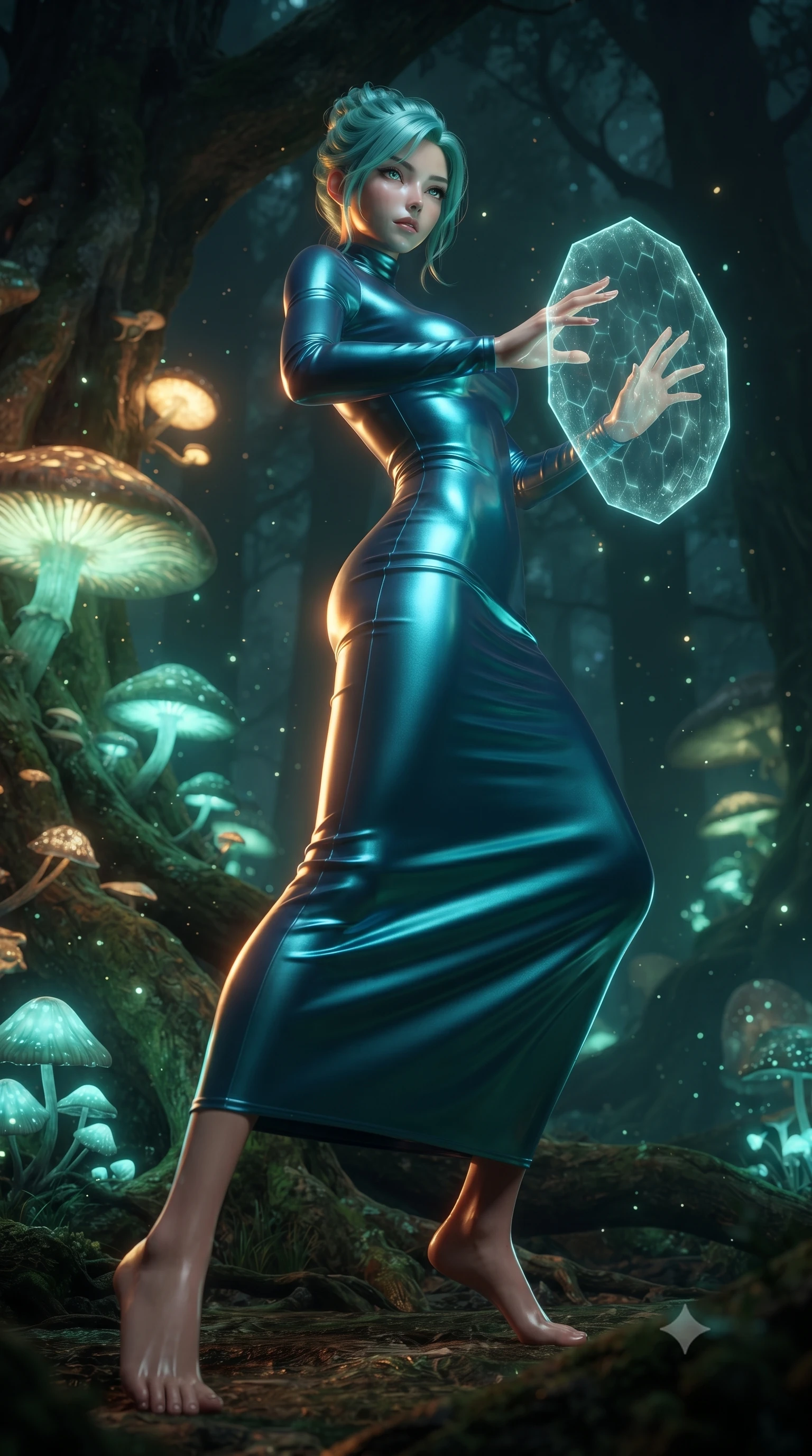 score_9, masterpiece, best quality, ultra-detailed, high-budget anime keyframe, editorial fashion photography, tasteful artistic composition, realistic cosplay photography, Japanese woman. low angle full-body shot from head to toe showing her feet, filling the entire 9:16 vertical frame with her statuesque presence, stretching her vertical silhouette. dodging backward with feline agility while casting an energy barrier through a dark forest clearing where massive glowing mushrooms grow on ancient tree roots, scattering glowing spores in the wind. She has a statuesque 8.5-heads proportion, an exceptionally tall, slender and willowy model-like build with impossibly long legs and a highly sculpted ultra-slim waist. sharp v-shaped jawline, high-bridge nose, intricate jewel-like eyes with depth, thick eyelashes, glossy lips with a natural sheen. wearing catching and diffusing the glowing particles, shimmering softly in response to the surrounding light, a body-hugging figure-hugging mock-turtleneck gown in a shifting peacock-blue silk fabric, hugging her slender figure from neck to ankle. warm amber rim lighting combined with cool teal fill light creating dramatic contrast. ultra-reflective glossy finish, specular highlights, metallic sheen, high-contrast stereoscopic depth, volumetric dynamic lighting, 2k, ultra detail, master piece, 9:16 ratio
