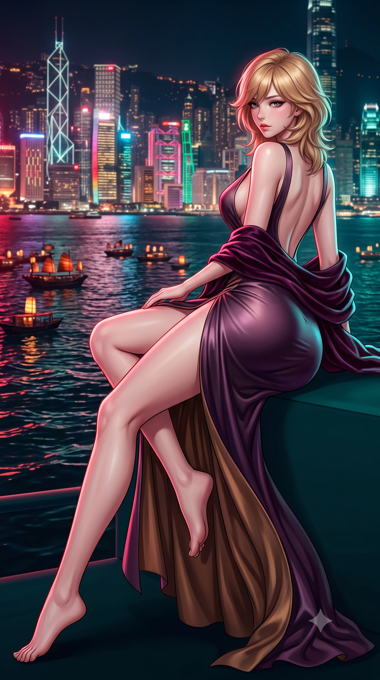 score_9, masterpiece, best quality, ultra-detailed, high-budget anime keyframe, semi-realistic 3D game render, editorial fashion photography, tasteful artistic composition, Korean woman. low angle full-body shot from head to toe showing her feet, filling the entire 9:16 vertical frame with her statuesque presence, stretching her vertical silhouette. reclining on her side in an elegant Cleopatra pose with one knee drawn up, the dramatic contour of her rounded hips and long slender legs commanding the 9:16 vertical frame while turning in an alluring contrapposto stance as her high-slit dress flutters in the sea breeze, gazing across the glittering high-density Kowloon skyline. The composition keeps background elements in soft focus with creamy bokeh. bobbing lantern barges and harbor water ripples softened in moody cyberpunk shallow focus. She has an exceptionally tall and slender model-like 8.5-heads proportion, an ultra-slim waist, a flat toned midriff, narrow delicate ribcage, and beautifully sculpted feminine hips creating a graceful, slim hourglass silhouette without any bulky heaviness, with impossibly long slender legs. sharp v-shaped jawline, high-bridge nose, intricate jewel-like eyes with depth, thick eyelashes, glossy parted lips with a natural sheen, intensely captivating and seductive bedroom-eyes expression, flawlessly proportioned anatomical accuracy, strict slender model proportions, natural body alignment, perfectly sculpted long slender limbs, ultra-slim waistline, clean dynamic posture without body distortion. wearing a liquid-silk jersey evening gown with an ultra-deep plunging open back descending to the base of her spine and a sculpted hip-hugging skirt in deep plum violet and antique bronze, tailored from ultra-smooth duchess satin with a pearlescent sheen, complemented by a plush velvet shawl draped loosely over her elbows, the dramatically scooped open back descending to the base of her spine, accentuating her razor-sharp statuesque lines and slim hourglass silhouette. bathed in vivid crimson and laser emerald neon edge lights contrasting with dark oceanic shadows. highly saturated vibrant anime colors, detailed shading with soft gradients, rich glossy textures, high-contrast stereoscopic depth, volumetric dynamic lighting, master piece, 9:16 ratio