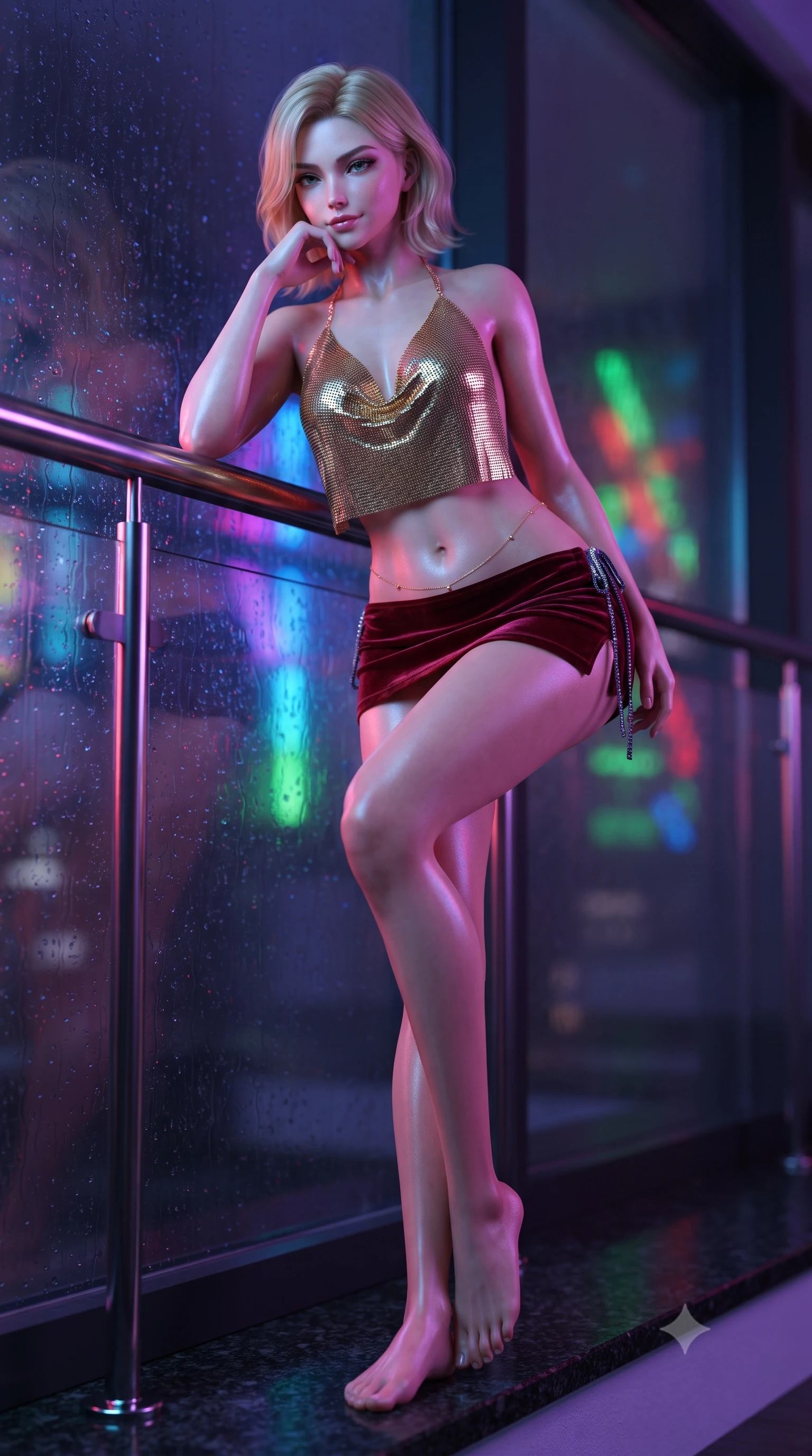 score_9, masterpiece, best quality, ultra-detailed, high-budget anime keyframe, editorial fashion photography, tasteful artistic composition, Caucasian woman. low angle full-body shot from head to toe showing her feet, filling the entire 9:16 vertical frame with her statuesque presence, stretching her vertical silhouette. leaning deep against the balcony balustrade with hips cocked back in an unapologetically alluring high-fashion stance, casting an intoxicating glance while sitting perched on the wide black granite sill with one knee drawn up, resting her chin on her hand with sovereign dangerous allure. The background shows a soft-focus minimalist penthouse framing softened in high-tech neo-noir shallow focus. She has an absolutely perfect, statuesque 8.5-heads proportion, an exceptionally tall and slender model-like female figure with impossibly long slender legs, an ultra-slim waist, a flat toned midriff, narrow delicate ribcage, and beautifully sculpted feminine hips creating a graceful, slim hourglass silhouette without any bulky heaviness. sharp v-shaped jawline, high-bridge nose, sparkling eyes with hypnotic seductive depth, thick curled eyelashes, glossy parted lips with a natural dewy peach sheen, alluring bedroom-eyes with an enchanting coquettish smile, exuding magnetic siren charisma and sophisticated glamour, flawlessly proportioned anatomical accuracy, strict slender model proportions, natural body alignment, perfectly sculpted long slender limbs, ultra-slim waistline, clean dynamic posture without body distortion. wearing a liquid gold chainmail cowl halter top paired with an ultra-low-rise velvet mini skirt and side rhinestone ties in rich cherry lacquer and smoky charcoal, woven from stretch metallic lurex jersey casting radiant starlight glints across her silhouette, accented with a dainty gold belly chain resting across her flat midriff and curving hips, the second-skin tailored fabric adhering flawlessly to her sculpted flat midriff and slender torso, emphasizing her long leg lines and perfectly proportioned willowy build. bathed in dynamic shifting multi-color neon light transmitted through rain-streaked exterior glass. ultra-reflective glossy finish, specular highlights, rich textural contrasts, high-contrast stereoscopic depth, volumetric dynamic lighting, 2k, ultra detail, master piece, 9:16 ratio