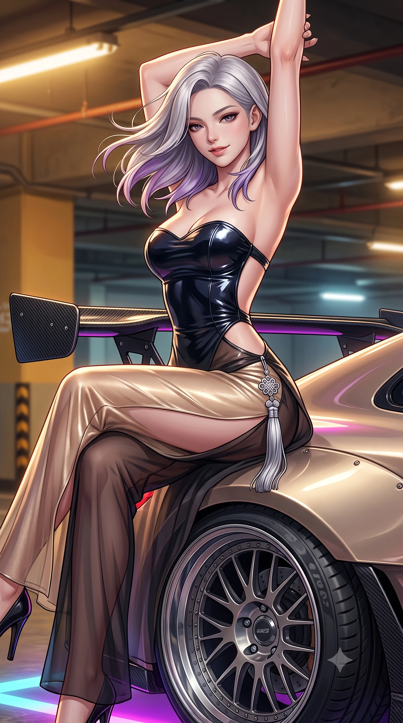 score_9, masterpiece, best quality, ultra-detailed, high-budget anime keyframe, semi-realistic 3D game render, editorial fashion photography, tasteful artistic composition, Caucasian woman. close-up cowboy shot from the waist and thighs up, the character dominates the composition, filling the frame with her large presence. turning slowly with an enchanting smoldering smile, her glossy hair tossing in the breeze as her hips angle gracefully in a captivating contrapposto while sitting perched on the car roof with legs crossed and arms raised to stretch her statuesque 8.5-heads silhouette with sovereign cool. The surrounding environment is rendered in vivid detail and crisp panoramic clarity: sharp carbon-fiber aerodynamic wing weave, multi-piece alloy wheel rims, and tire tread grooves in deep focus. She has an exceptionally elegant, slender, and willowy female figure with an ultra-slim waist, flat toned midriff, narrow ribcage, and sculpted feminine hips creating an alluring, slim hourglass silhouette without bulk. sharp v-shaped jawline, high-bridge nose, sparkling eyes with hypnotic seductive depth, thick curled eyelashes, glossy parted lips with a natural dewy peach sheen, alluring bedroom-eyes with an enchanting coquettish smile, exuding magnetic siren charisma and sophisticated glamour, flawlessly proportioned anatomical accuracy, strict slender model proportions, natural body alignment, perfectly sculpted long slender limbs, ultra-slim waistline, clean dynamic posture without body distortion. wearing a strapless wet-look vinyl bustier paired with sheer chiffon high-slit trousers in midnight obsidian black and shimmering liquid champagne gold, woven from buttery-soft stretch lambskin leather adhering to her body like a second skin, accented with an intricate silver norigae tassel swaying gracefully along her curving hip line, the precision-cut side openings and low-back scoop framing her graceful spine and the sensual sweep of her slim, toned hips. bathed in warm industrial sodium-vapor parking floodlights mixed with vibrant car neon underglow. highly saturated vibrant anime colors, detailed shading with soft gradients, rich glossy textures, high-contrast stereoscopic depth, volumetric dynamic lighting, master piece, 9:16 ratio