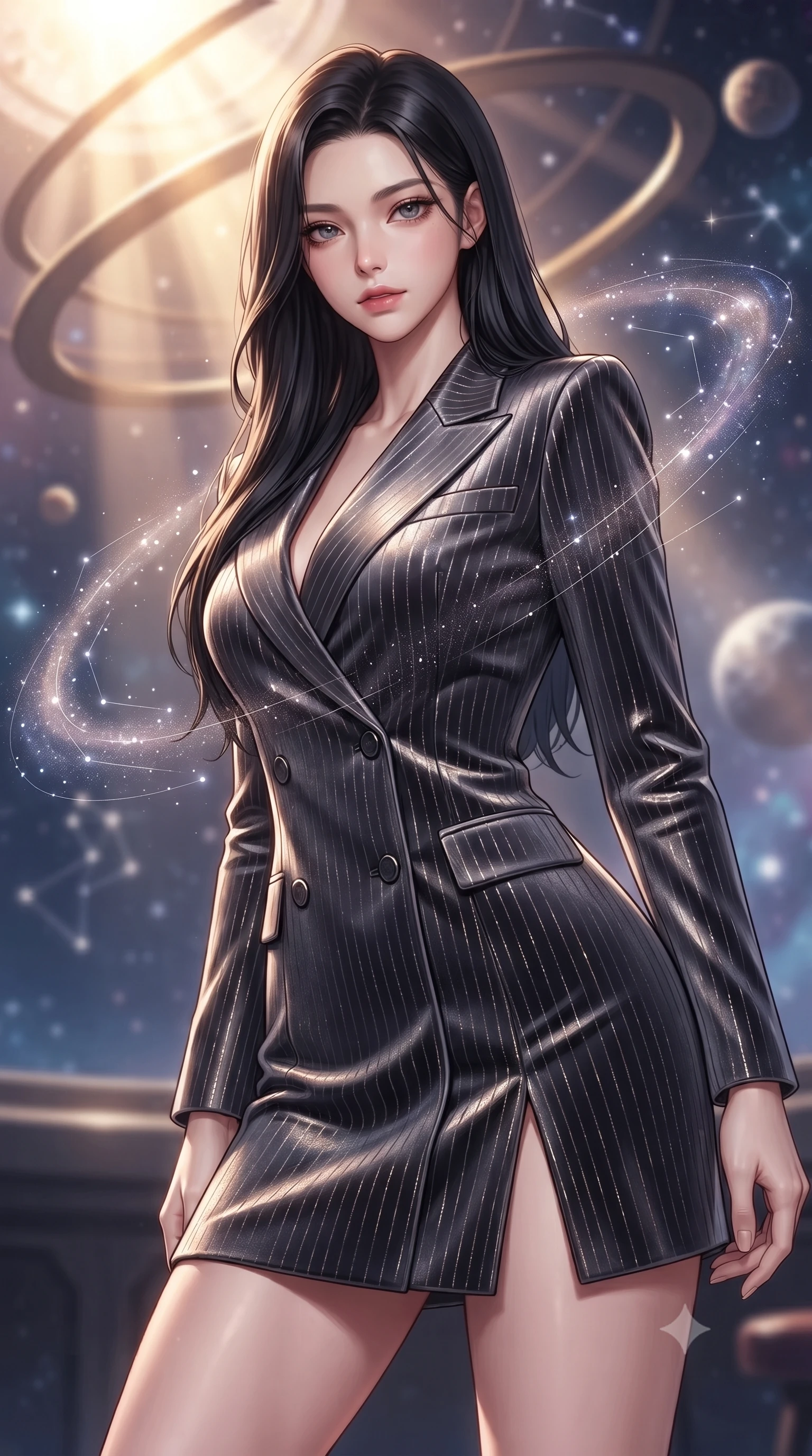 score_9, masterpiece, best quality, ultra-detailed, high-budget anime keyframe, editorial fashion photography, tasteful artistic composition, Korean woman. close-up cowboy shot from the waist and thighs up, the character dominates the composition, filling the frame with her large presence, background elements kept in soft focus. Leaning slightly forward with a composed, seductive gaze under soft glowing light navigating a constellation map woven from starlight threads, swirling galaxy dust creating luminous arcs in the air. She has an exceptionally elegant, slender, and willowy female figure with an ultra-slim waist, a gracefully sculpted slender torso, and a refined silhouette. sharp v-shaped jawline, high-bridge nose, intricate jewel-like eyes with depth, thick eyelashes, glossy lips with a natural sheen. wearing a double-breasted blazer dress with metallic pin-stripes in charcoal grey and platinum, made of premium stretch velvet with a rich sheen, finished with a sleek side slit ascending to mid-thigh, the tailored fabric tightly following every curve of her athletic build. bathed in warm sunbursts filtering through floating orbital rings. highly saturated vibrant anime colors, detailed shading with soft gradients, rich glossy textures, high-contrast stereoscopic depth, volumetric dynamic lighting, master piece, 9:16 ratio