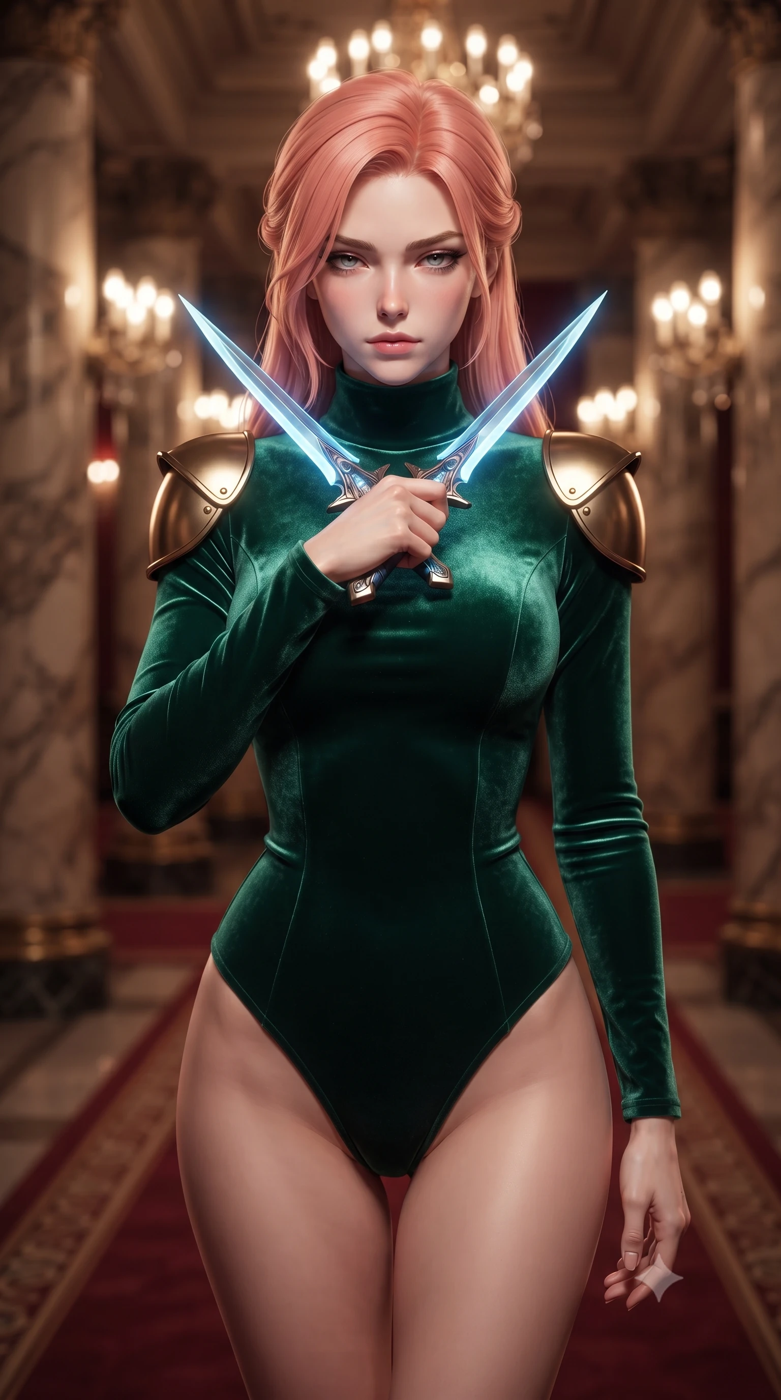 score_9, masterpiece, best quality, ultra-detailed, high-budget anime keyframe, editorial fashion photography, tasteful artistic composition, Japanese woman. close-up cowboy shot from the waist and thighs up, the character dominates the composition, filling the frame with her large presence, background elements kept in soft focus. holding two energy daggers crossed in front of her elegant collarbone, casting a heavy-lidded, sultry look, the background shows a soft-focus a grand theater corridor with marble columns and red carpets under chandeliers. She has an exceptionally elegant, slender, and willowy female figure with an ultra-slim waist, a gracefully sculpted slender torso, and a refined silhouette. sharp v-shaped jawline, high-bridge nose, intricate jewel-like eyes with depth, thick eyelashes, glossy lips with a natural sheen. wearing a tailored form-contouring deep emerald green velvet bodysuit with a high mock-neck collar and structured shoulder guards. multiple warm ambient lights reflecting off polished marble and brass. ultra-reflective glossy finish, specular highlights, metallic sheen, high-contrast stereoscopic depth, volumetric dynamic lighting, 2k, ultra detail, master piece, 9:16 ratio