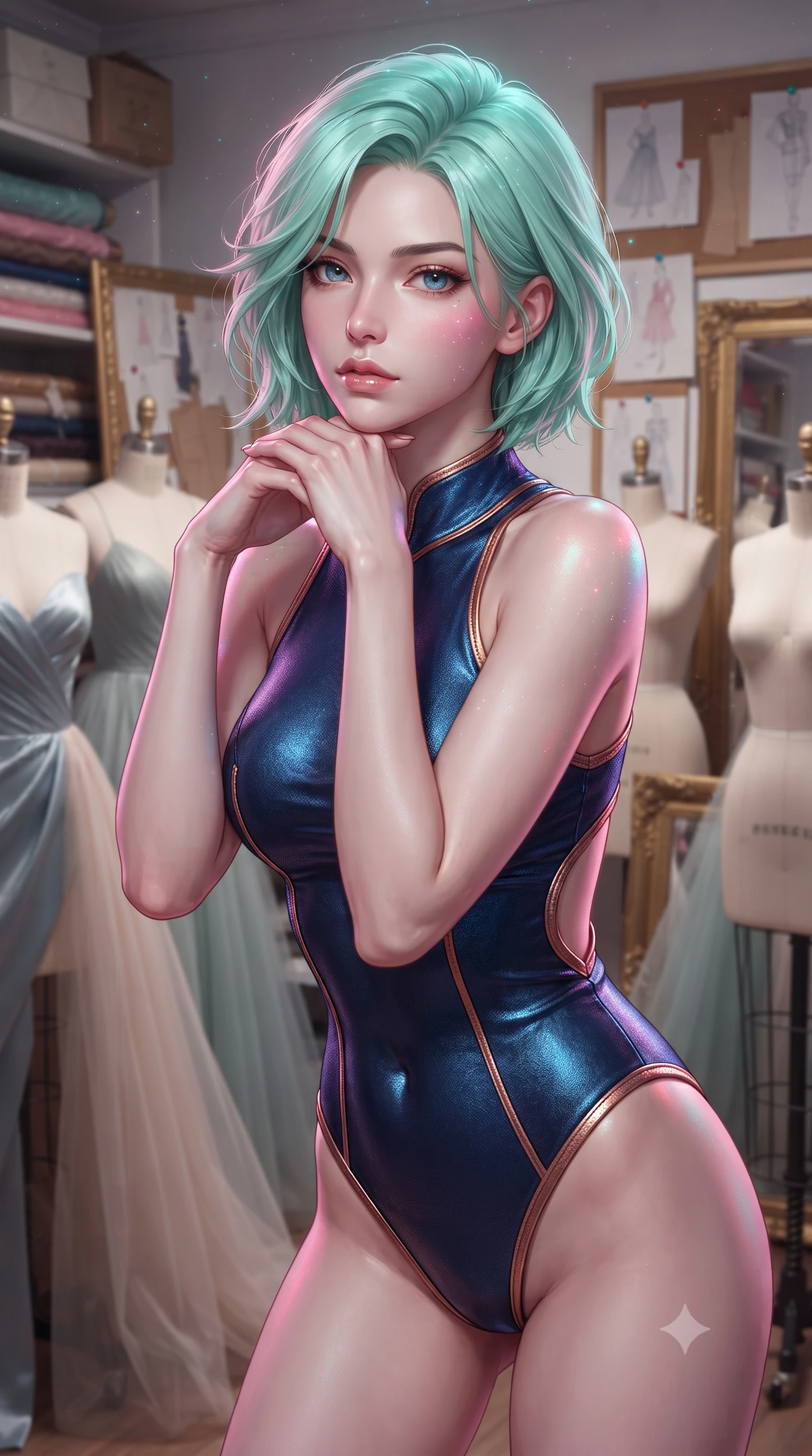 score_9, masterpiece, best quality, ultra-detailed, high-budget anime keyframe, editorial fashion photography, tasteful artistic composition, Japanese woman. close-up cowboy shot from the waist and thighs up, the character dominates the composition, filling the frame with her large presence, background elements kept in soft focus. Resting her chin on the backs of her fingers in a confident pose. set against a soft-focus background of a luxury fashion designer's private studio with elegant dress forms draped in half-finished couture gowns bolts of silk and tulle stacked on shelves fashion sketches pinned everywhere and gilt-framed mirrors. She has an exceptionally elegant and slender, willowy female figure with an ultra-slim waist, a gracefully sculpted slender torso, and a refined slim physique. sharp v-shaped jawline, high-bridge nose, intricate jewel-like eyes with depth, thick eyelashes, glossy lips with a natural sheen. wearing a one-piece style bodysuit in metallic navy with copper trim, featuring high-cut legs and an open-back design. starlight and nebula glow casting soft cosmic pink and cyan highlights on her form. 2k, ultra detail, master piece, 9:16 ratio