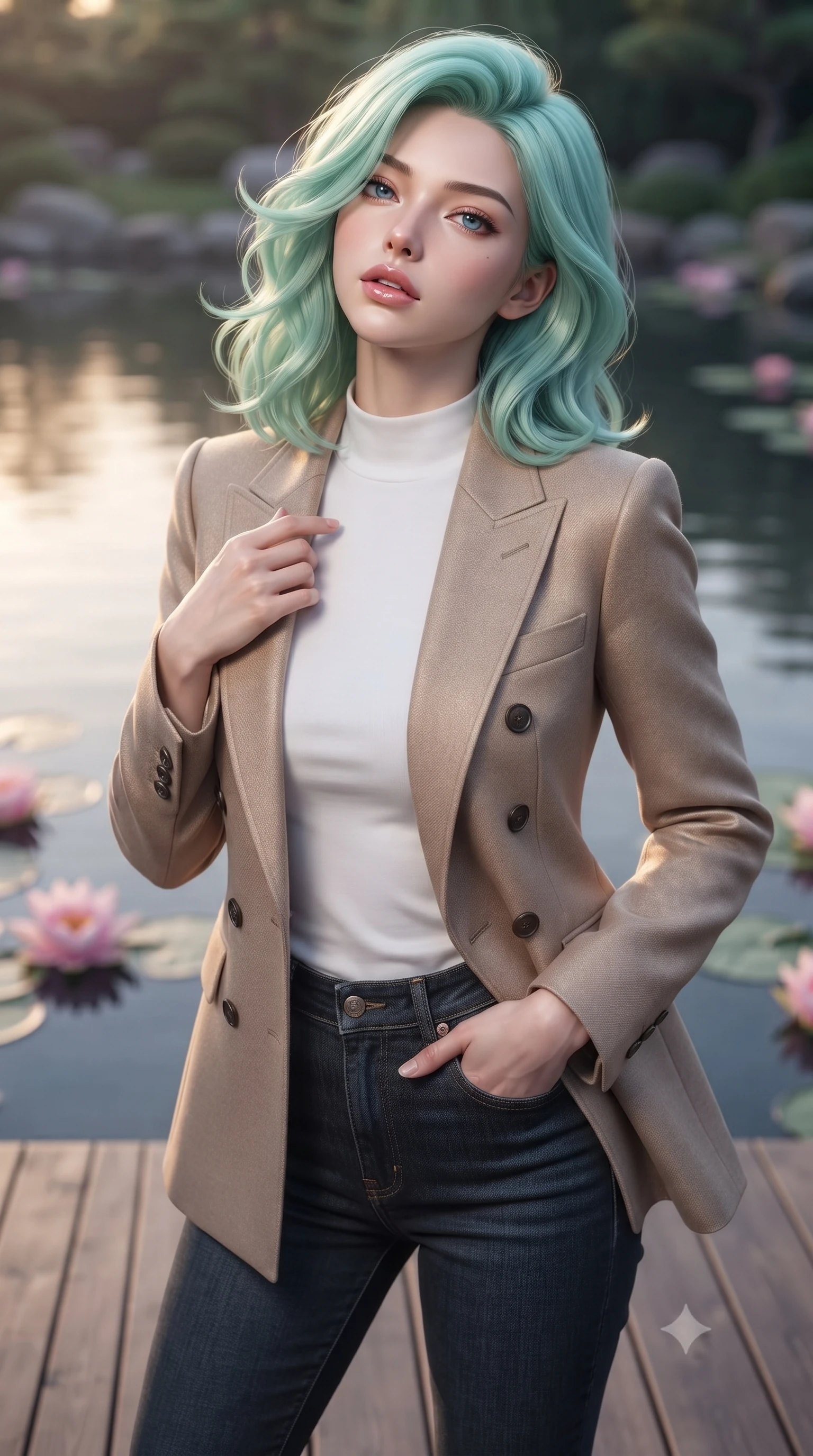score_9, masterpiece, best quality, ultra-detailed, high-budget anime keyframe, editorial fashion photography, tasteful artistic composition, Japanese woman woman. close-up cowboy shot from the waist and thighs up, the character dominates the composition, filling the frame with her large presence, background elements kept in soft focus. tilting her chin up slightly with lips parted in a composed, provocative expression the background shows a soft-focus a wooden deck overlooking a calm Zen pond filled with blooming pink water lilies. She has an exceptionally elegant, slender, and willowy female figure with an ultra-slim waist, a gracefully sculpted slender torso, and a refined silhouette. sharp v-shaped jawline, high-bridge nose, intricate jewel-like eyes with depth, thick eyelashes, glossy lips with a natural sheen. wearing a form-contouring tailored double-breasted blazer in sand wool, worn over a white mock-neck tee and denim jeans. soft twilight glow reflecting on the still water surface. ultra-reflective glossy finish, specular highlights, metallic sheen, high-contrast stereoscopic depth, volumetric dynamic lighting, 2k, ultra detail, master piece, 9:16 ratio