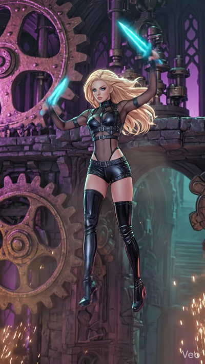 An intense 8-second action sequence of a blonde female assassin in a tactical black outfit. She performs a dynamic mid-air spin and lands perfectly on a dark stone ledge. Her dual cyan daggers glow with vibrant neon energy, leaving motion blur trails