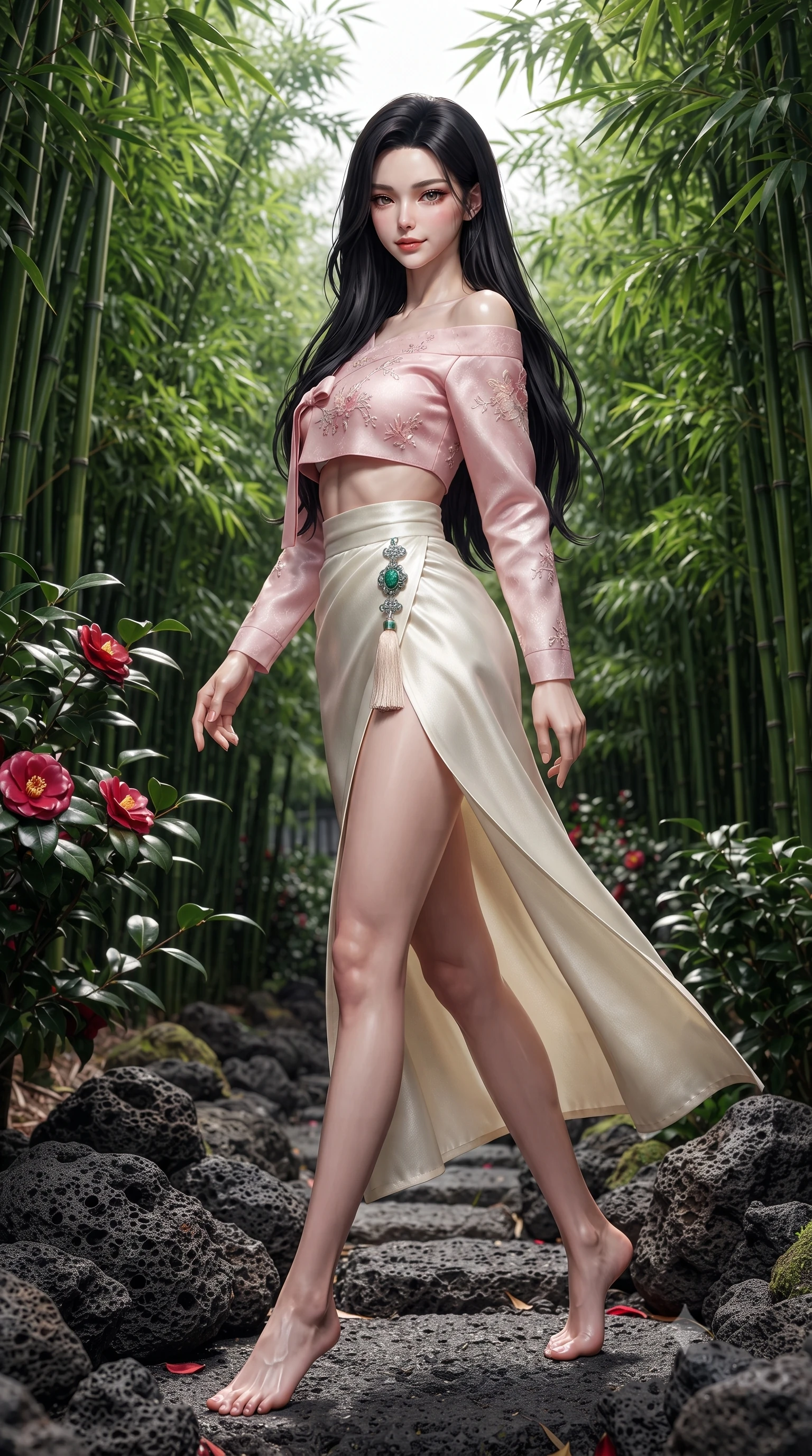 score_9, masterpiece, best quality, ultra-detailed, high-budget anime keyframe, editorial fashion photography, tasteful artistic composition, Korean woman. low angle full-body shot from head to toe showing her feet, filling the entire 9:16 vertical frame with her statuesque presence, stretching her vertical silhouette. walking slowly through the bamboo pathway, looking back over her shoulder with an air of effortless oriental grace and an alluring, smoldering smile while lounging gracefully on an outdoor wooden sunbed with legs crossed, her modern fusion hanbok radiating fresh island sensual charm. The surrounding environment is rendered in vivid detail and crisp panoramic clarity: sharp porous volcanic basalt textures, glossy camellia leaf surfaces, and red petal venation in deep focus. She has an absolutely perfect, statuesque 8.5-heads proportion, an exceptionally tall and slender model-like female figure with impossibly long slender legs, an ultra-slim waist, a flat toned midriff, narrow delicate ribcage, and beautifully sculpted feminine hips creating a graceful, slim hourglass silhouette without any bulky heaviness. sharp v-shaped jawline, high-bridge nose, intricate jewel-like dark sparkling almond eyes with depth, thick lashes, glossy parted lips with a natural rose-plum sheen, bright alluring and coquettish smile with bedroom-eyes, exuding both timeless oriental elegance and sovereign high-fashion allure, flawlessly proportioned anatomical accuracy, strict slender model proportions, natural body alignment, perfectly sculpted long slender limbs, ultra-slim waistline, clean dynamic posture without body distortion. wearing a modern two-piece fusion set with an off-shoulder crop blouse and high-slit wrap skirt tracing her curvaceous hips in soft cherry blossom pink and pearlescent ivory, tailored from smooth celadon raw silk with natural organic slub texture, finished with an ornate modern norigae tassel with polished jade and chrome charms resting on her curvy hips, the high-waisted wrap tailoring accentuating her ultra-slim waistline and the enchanting curve of her feminine hips with alluring oriental charm. illuminated by black stone bounce and sharp amber rim lights defining her sculpted collarbones, ultra-slim waist, and curvy hips. ultra-reflective glossy finish, specular highlights, rich textural contrasts, high-contrast stereoscopic depth, volumetric dynamic lighting, 2k, ultra detail, master piece, 9:16 ratio