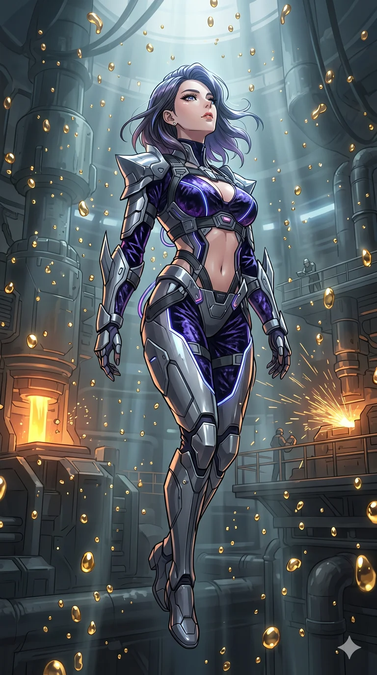 score_9, masterpiece, best quality, ultra-detailed, High-budget Anime Keyframe, vibrant colors, fluid line-art, expressive lighting, cinematic composition, Ufotable-style visual effects, top-tier animation quality, Korean woman with idol-like refined features. Low angle cowboy shot filling the entire 9:16 frame with her statuesque presence, looking up to emphasize her height. Floating serenely in a zero-gravity chamber filled with suspended droplets of liquid gold that reflect the surrounding high-tech machinery. She has an absolutely perfect 8-heads proportion, an exceptionally tall and slender female figure with impossibly long slender legs and an ultra-slim waist, her statuesque height and towering silhouette dominating the vertical 9:16 frame. Her face is a masterpiece featuring a sharp v-shaped jawline, high-bridge nose, intricate jewel-like eyes with depth, thick eyelashes, and glossy lips with a natural sheen. She is wearing a Metallic armor-bikini with sharp, aggressive edges and integrated energy-shield generators crafted from Crushed dark velvet with a deep, rich texture that absorbs light and glows at the edges, with an exposed midriff and a complex harness system that draws the eye. The scene is set in a gritty industrial factory with glowing molten metal, flying sparks, and deep shadows, illuminated by volumetric light beams cutting through a hazy atmosphere, creating a sense of depth. 2k, ultra detail, master piece, 9:16 ratio
