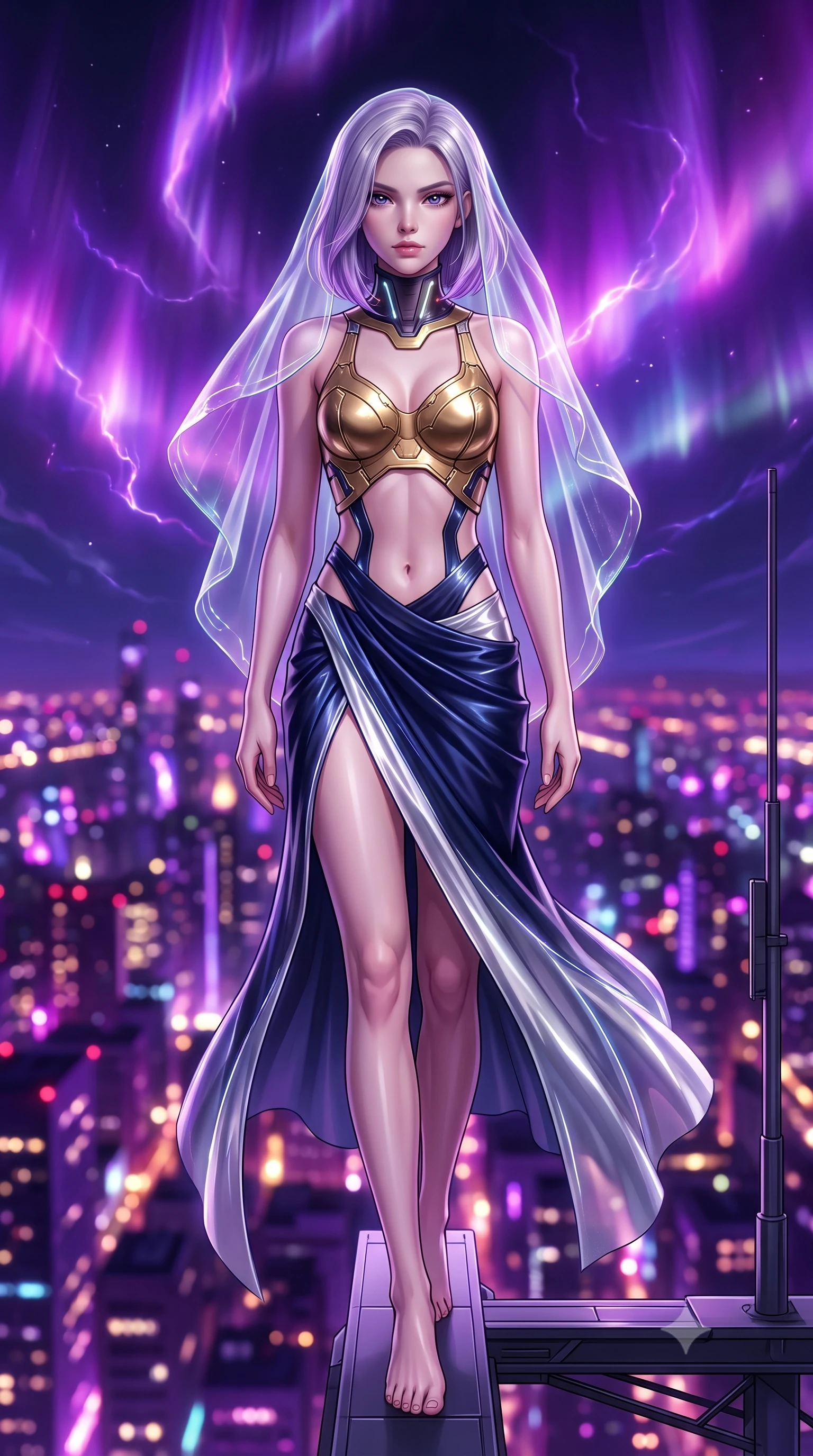 score_9, masterpiece, best quality, ultra-detailed, high-budget anime keyframe, semi-realistic 3D game render, editorial fashion photography, tasteful artistic composition, Caucasian woman. low angle full-body shot from head to toe showing her feet, filling the entire 9:16 vertical frame with her statuesque presence, stretching her vertical silhouette. striding forward with commanding supermodel grace, her 8.5-heads statuesque silhouette dominating the vertical frame from head to toe while pivoting dynamically on a cantilevered antenna platform as swirling violet and magenta plasma auroras electrify the night sky. The composition keeps background elements in soft focus with creamy bokeh. swirling violet plasma aurora ribbons and glowing city grid lights blurred into rich purple, magenta, and gold bokeh. She has an absolutely perfect, statuesque 8.5-heads proportion, an exceptionally tall and slender model-like female figure with impossibly long slender legs, a toned flat midriff, and an ultra-slim waist. sharp v-shaped jawline, high-bridge nose, intricate jewel-like eyes with depth, thick eyelashes, glossy lips with a natural sheen, flawlessly proportioned anatomical accuracy, strict slender model proportions, natural body alignment, perfectly sculpted long slender limbs, ultra-slim waistline, clean dynamic posture without body distortion. wearing an ethereal translucent cyber-veil paired with a sculpted golden mechanical cuirass and high-fashion draped silk skirt in deep midnight navy blue and pure starlight chrome, tailored from semi-translucent cybernetic vinyl with glowing micro-filaments, featuring a sleek aerodynamic collar framed by subtle glowing cybernetic accents, the precision-cut daring openings accentuating her delicate midriff, graceful bare collarbones, and ultra-slim feminine waistline. surrounded by an exhilarating, supreme, and fiercely alluring cyber-monarch aura. rich saturated anime colors with glowing neon highlights, detailed shading with soft gradients, rich glossy textures, high-contrast stereoscopic depth, volumetric dynamic lighting, master piece, 9:16 ratio