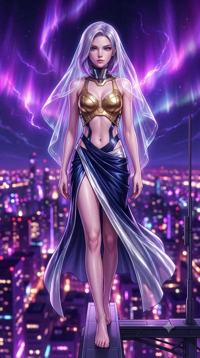score_9, masterpiece, best quality, ultra-detailed, high-budget anime keyframe, semi-realistic 3D game render, editorial fashion photography, tasteful artistic composition, Caucasian woman. low angle full-body shot from head to toe showing her feet, 