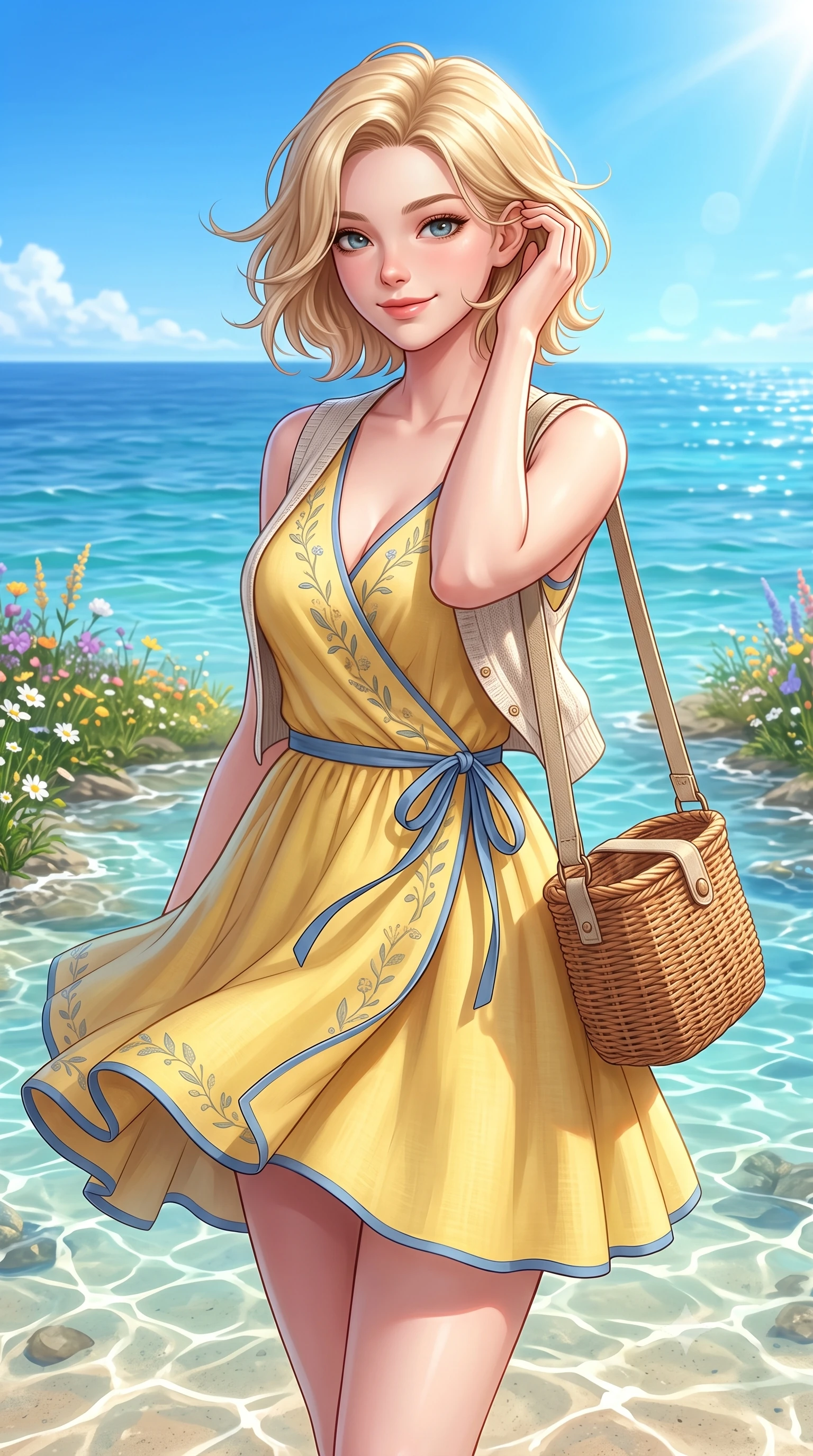 score_9, masterpiece, best quality, ultra-detailed, high-budget anime keyframe, semi-realistic 3D game render, editorial fashion photography, tasteful artistic composition, Caucasian woman. close-up cowboy shot from the waist and thighs up, the character dominates the composition, filling the frame with her large presence. tilting her head with a cute, youthful grin while brushing a stray strand of hair behind her ear with slender fingers while turning playfully as salty sea breezes flutter her dress hem and hair, exuding pure refreshing youthfulness. The surrounding environment is rendered in vivid detail and crisp panoramic clarity. crystal-clear shallow water caustics, coastal wildflowers, and panoramic ocean horizons in high resolution. She has an exceptionally elegant, slender, and willowy female figure with an ultra-slim waist, a gracefully sculpted slender torso, toned flat midriff, and a refined slim silhouette. sharp v-shaped jawline, high-bridge nose, intricate jewel-like eyes with depth, thick eyelashes, glossy lips with a natural sheen, pure and lovely fresh girlhood expression, flawlessly proportioned anatomical accuracy, strict slender model proportions, natural body alignment, perfectly sculpted long slender limbs, ultra-slim waistline, clean dynamic posture without body distortion. wearing a romantic wrap-style linen sundress with subtle botanical embroidery and a dainty waist tie in sunny daffodil yellow and french blue, tailored from crisp organic cotton poplin, accessorized with a rustic woven wicker bag and canvas strap, the body-hugging lightweight knit clinging delicately to her slender torso, accentuating her graceful neck and feminine lines. bathed in brilliant coastal summer sunshine and turquoise ocean water ambient bounce. highly saturated vibrant anime colors, detailed shading with soft gradients, rich glossy textures, high-contrast stereoscopic depth, volumetric dynamic lighting, master piece, 9:16 ratio