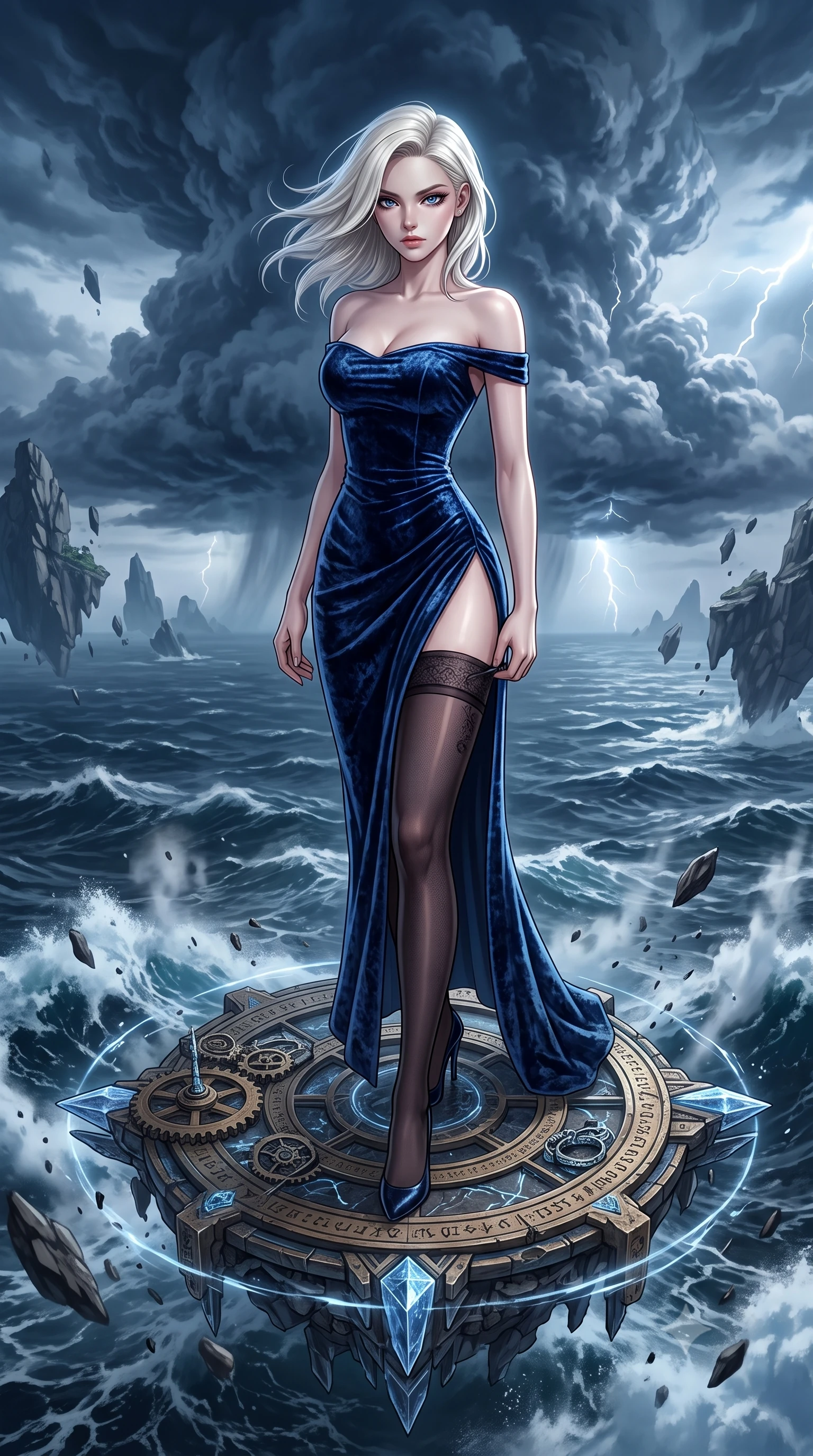 score_9, masterpiece, best quality, ultra-detailed, High-budget Anime Keyframe, Caucasian woman, strictly human ears. Dynamic full-body shot stretching the vertical silhouette to the limit. Scenario 251: adjusting her thigh-high stocking near a floating platform suspended over a stormy sea of dark blue water. Her presence is magnetic and overpowering in this high-budget anime scene. Outfit 251: a tailored crushed dark velvet bare with a thigh-high slit and tight-fitting silhouette. The clothing is designed to emphasize her exceptionally tall and slender 8-heads proportion. 8-heads proportion, towering silhouette, ultra-slim waist. sharp v-shaped jawline, intricate jewel-like eyes with depth, thick eyelashes, glossy lips. 2k, ultra detail, master piece, 9:16 ratio