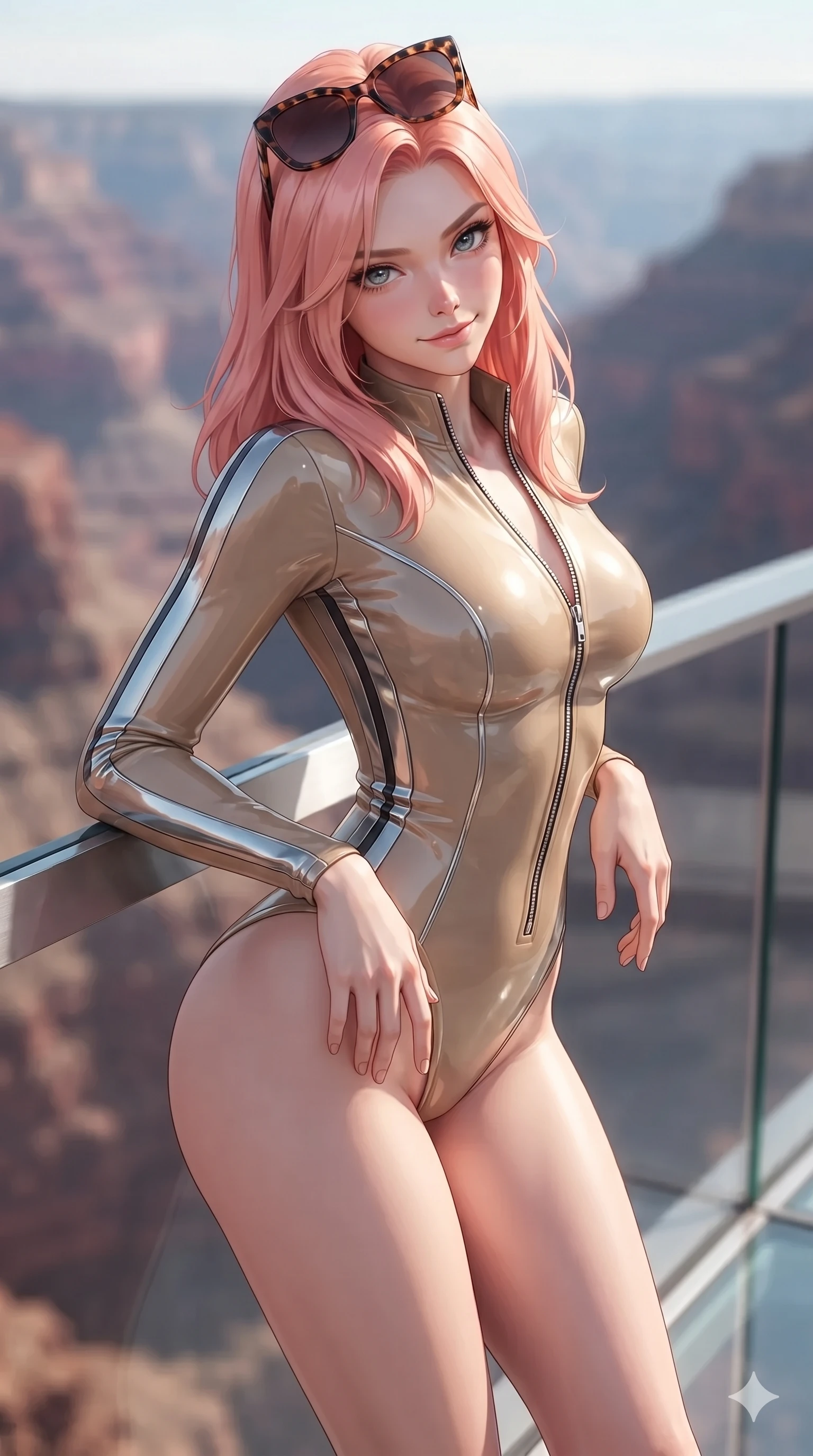 score_9, masterpiece, best quality, ultra-detailed, high-budget anime keyframe, editorial fashion photography, tasteful artistic composition, Japanese woman. close-up cowboy shot from the waist and thighs up, the character dominates the composition, filling the frame with her large presence. tilting her head with a teasing half-smile, running one hand slowly down the side of her hip in a flirtatious S-curve as ambient light caresses her silhouette while leaning against the seamless structural glass balustrade with hips cocked back, gazing into the vast red canyon abyss with intoxicating bedroom-eyes. The background shows a soft-focus high-altitude canyon chasm softened in glass skywalk promenade shallow focus. She has an exceptionally elegant, slender, and willowy female figure with an ultra-slim waist, flat toned midriff, narrow ribcage, and sculpted feminine hips creating an alluring, slim hourglass silhouette without bulk. sharp v-shaped jawline, high-bridge nose, sparkling eyes with hypnotic seductive depth, thick curled eyelashes, glossy parted lips with a natural dewy peach sheen, alluring bedroom-eyes with an enchanting coquettish smile, exuding magnetic siren charisma and sophisticated glamour, flawlessly proportioned anatomical accuracy, strict slender model proportions, natural body alignment, perfectly sculpted long slender limbs, ultra-slim waistline, clean dynamic posture without body distortion. wearing a form-contouring wet-look neoprene zip-front surfing bodysuit with high-cut leg openings and racing side stripes in matte desert tan and polished chrome accents, crafted from wet-look high-gloss vinyl fabric with dazzling specular surface reflections, complemented by oversized designer tortoiseshell sunglasses resting atop her head, the form-contouring cut accentuating her sculpted flat midriff, narrow delicate ribcage, and gracefully curvy hips with intoxicating allure. illuminated by glass floor bounce and sharp gold-cyan rim lights defining her razor-sharp jawline, narrow waist, and curvy hips. ultra-reflective glossy finish, specular highlights, rich textural contrasts, high-contrast stereoscopic depth, volumetric dynamic lighting, 2k, ultra detail, master piece, 9:16 ratio