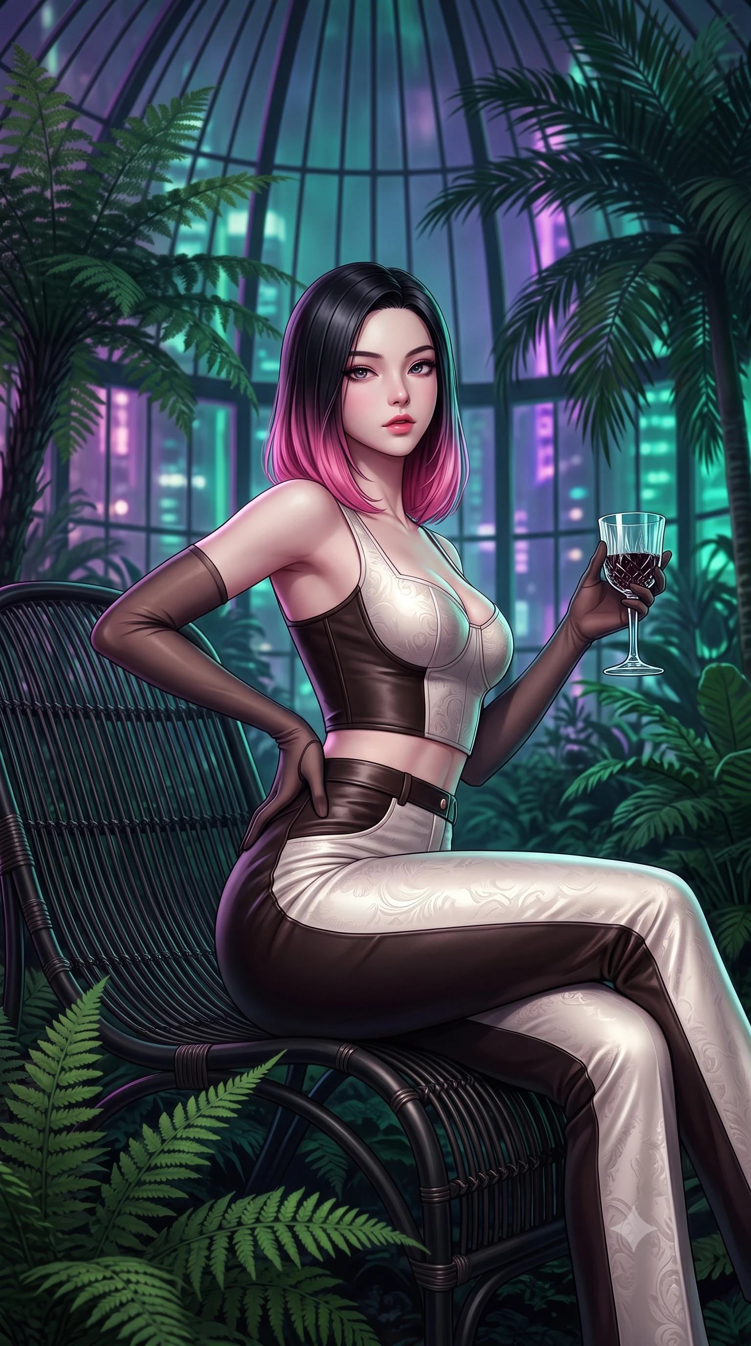 score_9, masterpiece, best quality, ultra-detailed, high-budget anime keyframe, semi-realistic 3D game render, editorial fashion photography, tasteful artistic composition, Korean woman. close-up cowboy shot from the waist and thighs up, the character dominates the composition, filling the frame with her large presence. twisting her slender torso in an alluring contrapposto stance, one hand resting on her sculpted hip while holding a crystal glass with effortless poise while sitting on a curved vintage black wicker lounger amidst giant prehistoric ferns, arching her back with an intoxicating, alluring expression. The composition keeps background elements in soft focus with dreamy creamy bokeh. soaring Victorian glass conservatory ribs and towering tropical palms backlit by midnight neon blurred into deep jade, violet, and sapphire bokeh. She has an exceptionally elegant, slender, and willowy female figure with an ultra-slim waist, flat toned midriff, narrow ribcage, and sculpted feminine hips creating an alluring, slim hourglass silhouette without bulk. sharp v-shaped jawline, high-bridge nose, intricate jewel-like dark sparkling eyes with dangerous depth, thick curled eyelashes, glossy parted lips with a rich wine sheen, smoldering seductive half-smile with bedroom-eyes, exuding effortless superiority and intoxicating dark allure, flawlessly proportioned anatomical accuracy, strict slender model proportions, natural body alignment, perfectly sculpted long slender limbs, ultra-slim waistline, clean dynamic posture without body distortion. wearing a cropped structured bodice top paired with ultra-fitted high-waisted leather trousers tracing her hips in dark espresso brown and pearlescent ivory, tailored from rich silk jacquard with subtle embossed baroque patterns, complemented by sheer dark opera gloves reaching past her elbows, the form-fitting cut adhering flawlessly to her sculpted flat midriff and slender torso, emphasizing her long leg lines and perfectly proportioned willowy build. bathed in moody ultraviolet and deep emerald ambient backlights filtering through soaring glass panes. highly saturated vibrant anime colors, detailed shading with soft gradients, rich glossy textures, high-contrast stereoscopic depth, volumetric dynamic lighting, master piece, 9:16 ratio