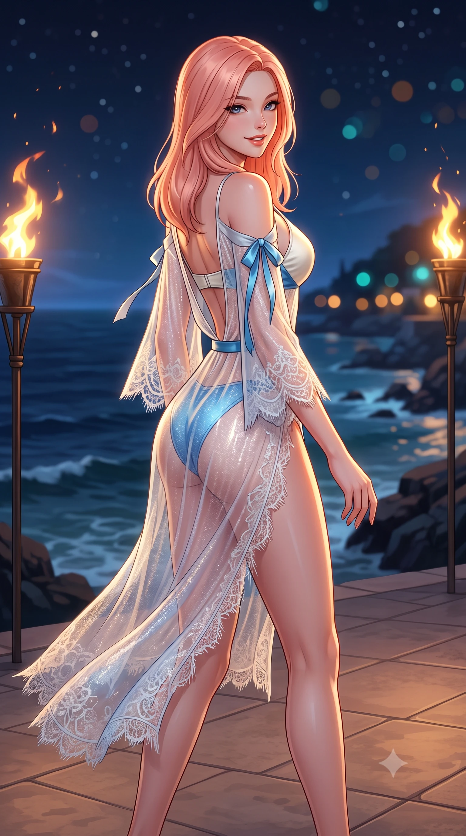 score_9, masterpiece, best quality, ultra-detailed, high-budget anime keyframe, semi-realistic 3D game render, editorial fashion photography, tasteful artistic composition, Japanese woman. close-up cowboy shot from the waist and thighs up, the character dominates the composition, filling the frame with her large presence. posing in an alluring rear three-quarter angle, looking over a bare shoulder with parted glossy lips, her hips cocked back to highlight her slim hourglass curve while walking slowly along the tiled terrace with tall model strides, evening sea breezes molding her sheer gown to her slender legs. The background shows a soft-focus flickering flame ribbons from brass torches, dark waves rolling into illuminated rocky inlets, and starry sky blurred into amber, turquoise, and obsidian bokeh. She has an exceptionally elegant, slender, and willowy female figure with an ultra-slim waist, flat toned midriff, narrow ribcage, and sculpted feminine hips creating an alluring, slim hourglass silhouette without bulk. sharp v-shaped jawline, high-bridge nose, intricate jewel-like sparkling eyes with depth, thick eyelashes, glossy parted lips with a natural peach sheen, bright cheerful beaming smile with an enchanting and coquettish sensual glint, exuding both youthful cute charm and seductive allure, flawlessly proportioned anatomical accuracy, strict slender model proportions, natural body alignment, perfectly sculpted long slender limbs, ultra-slim waistline, clean dynamic posture without body distortion. wearing a provocative sheer metallic-threaded gossamer caftan worn wide open over a micro silk satin bralette and bikini briefs in Positano lemon blossom ivory and Mediterranean azure, made of delicate semi-sheer French Chantilly lace with intricate eyelash edges, finished with satin ribbon ties at the shoulders fluttering in the gentle breeze, the glove-like clinging cut tightly following the natural contour of her hips and long slender legs with youthful 8.5-heads elegance. bathed in the dramatic warm 2100K flame glow of dancing oil torches mixed with cool Mediterranean sea moonlight. highly saturated vibrant anime colors, detailed shading with soft gradients, rich glossy textures, high-contrast stereoscopic depth, volumetric dynamic lighting, master piece, 9:16 ratio