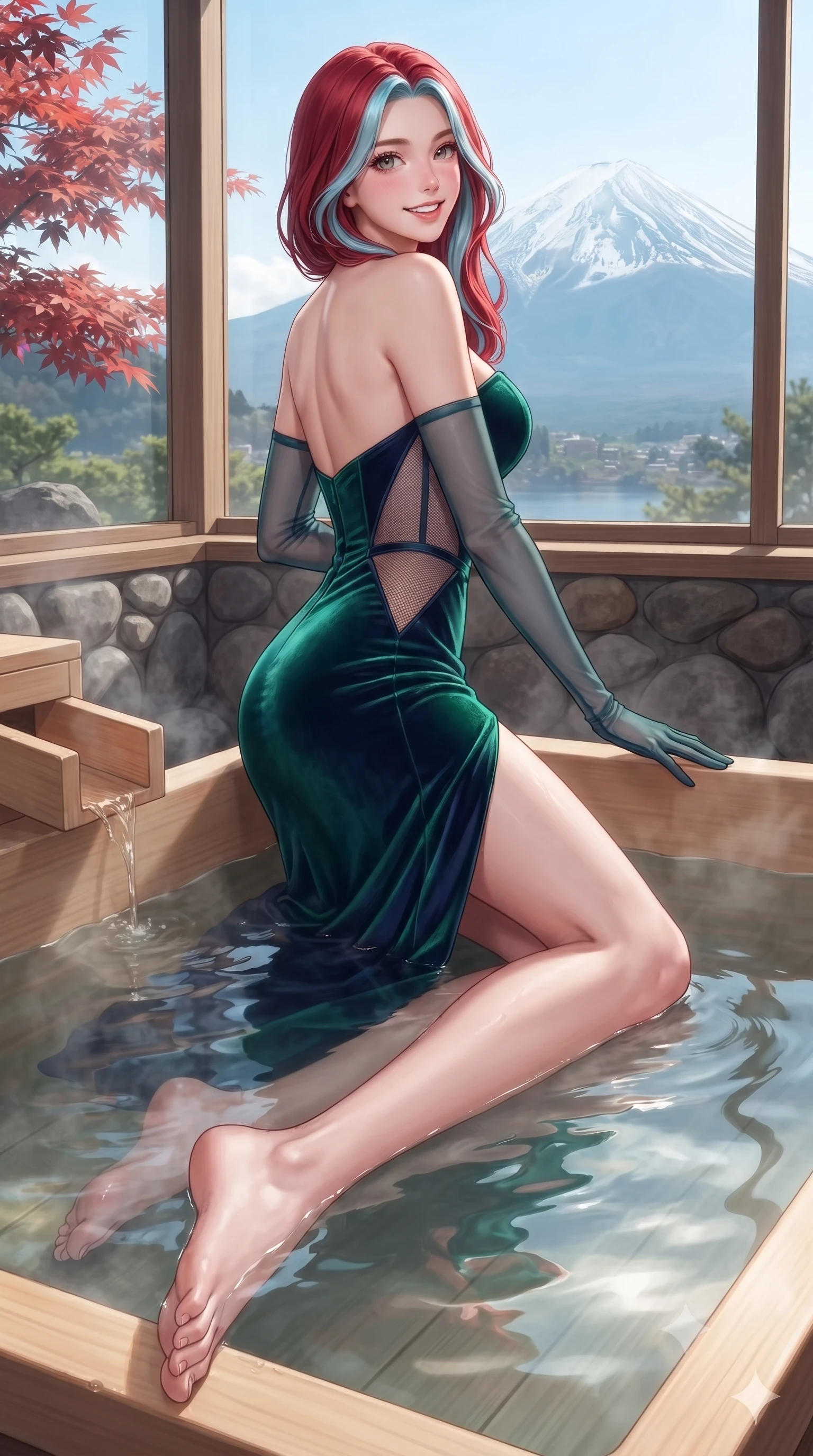 score_9, masterpiece, best quality, ultra-detailed, high-budget anime keyframe, editorial fashion photography, tasteful artistic composition, Caucasian woman. low angle full-body shot from head to toe showing her feet, filling the entire 9:16 vertical frame with her statuesque presence, stretching her vertical silhouette. posing in a classic haute-couture S-curve stance beside the floor-to-ceiling window, looking over a bare shoulder with magnetic presence while lounging in the steaming onsen bath with water lapping at her waist and legs extended, displaying her long slender limbs and statuesque hourglass silhouette against Fuji-san. The surrounding environment is rendered in vivid detail and crisp panoramic clarity: sharp natural hinoki wood grain, smooth river stone masonry of the bath, and delicate Japanese maple leaf veins in deep focus. She has an exceptionally tall and slender model-like 8.5-heads proportion, an ultra-slim waist, a flat toned midriff, narrow delicate ribcage, and beautifully sculpted feminine hips creating a graceful, slim hourglass silhouette without any bulky heaviness, with impossibly long slender legs. sharp v-shaped jawline, high-bridge nose, intricate jewel-like sparkling eyes with depth, thick eyelashes, glossy parted lips with a natural peach sheen, bright cheerful beaming smile with an enchanting and coquettish sensual glint, exuding both youthful cute charm and seductive allure, flawlessly proportioned anatomical accuracy, strict slender model proportions, natural body alignment, perfectly sculpted long slender limbs, ultra-slim waistline, clean dynamic posture without body distortion. wearing an alluring plunging sweetheart bustier dress with sheer mesh side-waist cutouts contouring her ribs in Lake Tegernsee emerald glass and royal Bavarian navy, tailored from ultra-plush silk velvet with rich tactile depth and deep shadow gradients, complemented by sheer opera-length evening gloves tracing her slender arms, the impeccably tailored cut draping gracefully along her slender figure with aristocratic poise. illuminated by onsen water reflection bounce and sharp platinum-gold rim lights sculpting her razor-sharp jawline, narrow waist, and curvy hips. ultra-reflective glossy finish, specular highlights, rich textural contrasts, high-contrast stereoscopic depth, volumetric dynamic lighting, 2k, ultra detail, master piece, 9:16 ratio