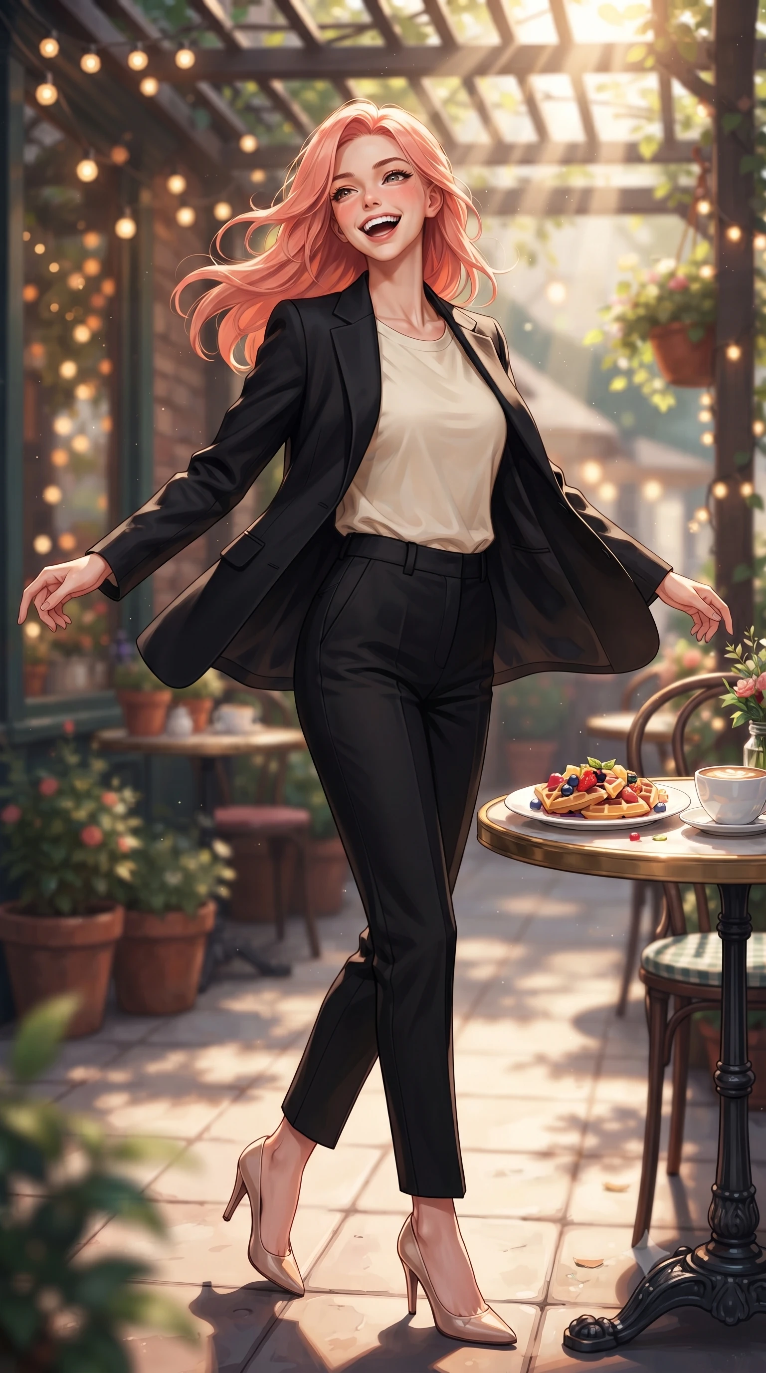 score_9, masterpiece, best quality, ultra-detailed, high-budget anime keyframe, editorial fashion photography, tasteful artistic composition, Japanese woman. low angle full-body shot from head to toe showing her feet, filling the entire 9:16 vertical frame with her statuesque presence, stretching her vertical silhouette. twirling around with a playful, sensual laugh, her dress fluttering elegantly to accent her waistline set against a soft-focus background of at an outdoor garden table of a cozy Italian bistro decorated with fairy lights with a plate of fresh fruit waffles and a cup of coffee on the table. She has an absolutely perfect, statuesque 8.5-heads proportion, an exceptionally tall and slender model-like female figure with impossibly long slender legs and an ultra-slim waist. sharp v-shaped jawline, high-bridge nose, intricate jewel-like eyes with depth, thick eyelashes, glossy lips with a natural sheen. wearing tailored classic tailored blazer in black, worn over a simple cream tee and tailored pants. crisp morning sun rays creating a fresh and energetic breakfast atmosphere. highly saturated vibrant anime colors, detailed shading with soft gradients, rich glossy textures, high-contrast stereoscopic depth, volumetric dynamic lighting, master piece, 9:16 ratio