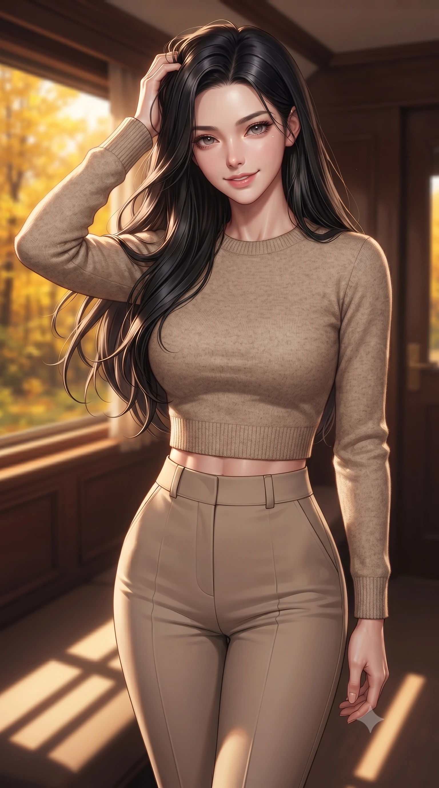 score_9, masterpiece, best quality, ultra-detailed, high-budget anime keyframe, editorial fashion photography, tasteful artistic composition, Korean woman. close-up cowboy shot from the waist and thighs up, the character dominates the composition, filling the frame with her large presence, background elements kept in soft focus. smiling with quiet, magnetic self-assurance directly into the camera, running a hand through her hair the background shows a soft-focus a train cabin corner during autumn, looking at golden forests in soft focus. She has an exceptionally elegant, slender, and willowy female figure with an ultra-slim waist, a gracefully sculpted slender torso, and a refined silhouette. sharp v-shaped jawline, high-bridge nose, intricate jewel-like eyes with depth, thick eyelashes, glossy lips with a natural sheen. wearing a slim-fit tight-fitting crop sweater in oatmeal wool, paired with high-waisted form-fitting pants. warm late afternoon sunrays casting long wooden frame shadows on the floor. ultra-reflective glossy finish, specular highlights, metallic sheen, high-contrast stereoscopic depth, volumetric dynamic lighting, 2k, ultra detail, master piece, 9:16 ratio