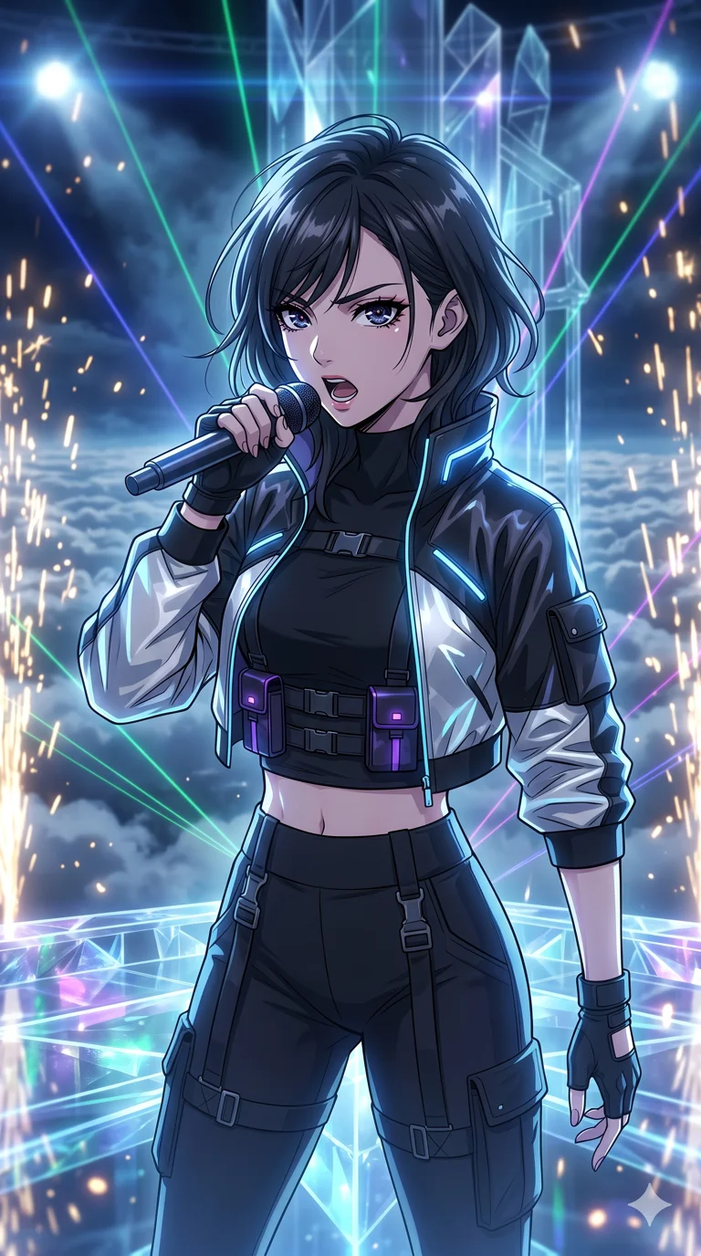 score_9, masterpiece, best quality, ultra-detailed, high-budget anime movie keyframe, cinematic anime lighting, intricate line art, Japanese woman. Upper body filling screen focusing on her alluring features and slim-fit silhouette. singing on a laser stage in a crystal palace above the clouds in a storm of sparks. She has an absolutely perfect 8-heads proportion, an exceptionally tall and slender female figure with an ultra-slim waist and impossibly long slender legs. sharp v-shaped jawline, high-bridge nose, intricate jewel-like eyes, thick eyelashes, glossy lips. Wearing modern urban tech-wear ensemble with a cropped reflective bomber jacket, ultra-slim high-waisted cargo leggings, and tactical harness with neon-lit pouches. The scene is illuminated by dramatic atmospheric lighting and vibrant color palettes. , 2k, ultra detail, master piece, 9:16 ratio