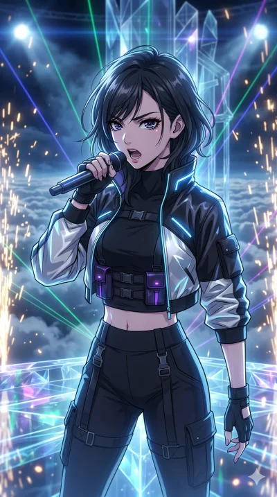 score_9, masterpiece, best quality, ultra-detailed, high-budget anime movie keyframe, cinematic anime lighting, intricate line art, Japanese woman. Upper body filling screen focusing on her alluring features and slim-fit silhouette. singing on a lase
