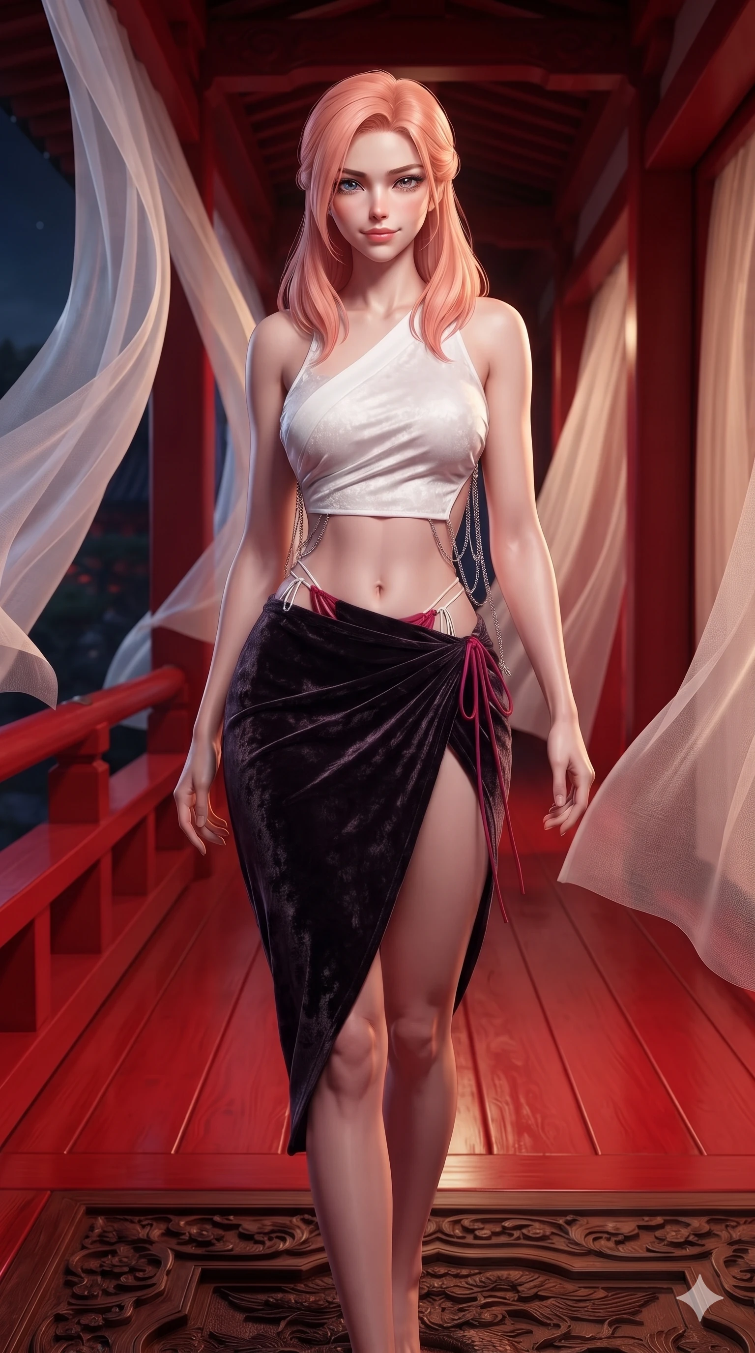 score_9, masterpiece, best quality, ultra-detailed, high-budget anime keyframe, editorial fashion photography, tasteful artistic composition, Japanese woman. close-up cowboy shot from the waist and thighs up, the character dominates the composition, filling the frame with her large presence. tilting her head with a teasing half-smile, running one hand slowly down the side of her hip in a flirtatious S-curve as ambient light caresses her silhouette while walking slowly down the sweeping red lacquer veranda corridor as nocturnal breezes whip sheer silk curtains around her curves. The surrounding environment is rendered in vivid detail and crisp panoramic clarity: sharp red lacquer gloss on railings, sheer silk curtain weave transparency, and carved wooden floor joists in deep focus. She has an exceptionally elegant, slender, and willowy female figure with an ultra-slim waist, flat toned midriff, narrow ribcage, and sculpted feminine hips creating an alluring, slim hourglass silhouette without bulk. sharp v-shaped jawline, high-bridge nose, sparkling eyes with hypnotic seductive depth, thick curled eyelashes, glossy parted lips with a natural dewy peach sheen, alluring bedroom-eyes with an enchanting coquettish smile, exuding magnetic siren charisma and sophisticated glamour, flawlessly proportioned anatomical accuracy, strict slender model proportions, natural body alignment, perfectly sculpted long slender limbs, ultra-slim waistline, clean dynamic posture without body distortion. wearing an alluring low-slung modern hanbok wrap skirt with bare waist flanks and delicate silk cord ties in pure snow white and vivid cherry blossom crimson, tailored from crushed dark velvet with deep light-absorbing plush texture, accented with an open-back drape framed by falling strands of delicate chrome chains, the liquid-tight tailored fabric clinging flawlessly to her narrow waist and rounded feminine hips, emphasizing every millimeter of her sculpted slim hourglass curves without any bulky heaviness. illuminated by timber floor bounce and sharp silver-vermilion rim lights defining her razor-sharp jawline, narrow waist, and curvy hips. ultra-reflective glossy finish, specular highlights, rich textural contrasts, high-contrast stereoscopic depth, volumetric dynamic lighting, 2k, ultra detail, master piece, 9:16 ratio