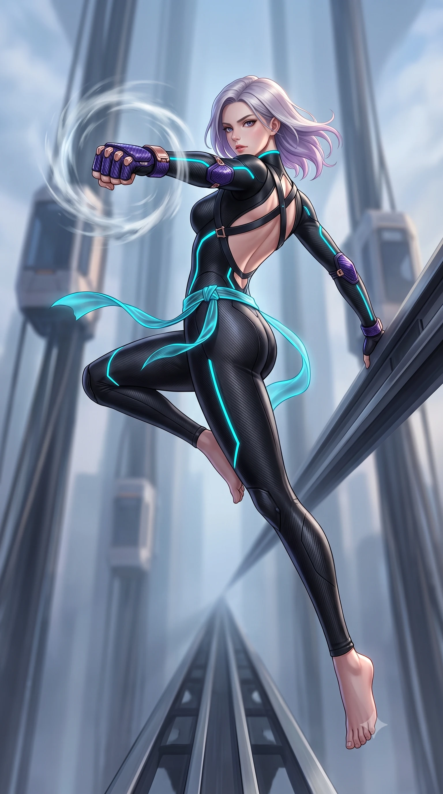 score_9, masterpiece, best quality, ultra-detailed, high-budget anime keyframe, semi-realistic 3D game render, editorial fashion photography, tasteful artistic composition, Caucasian woman. low angle full-body shot from head to toe showing her feet, filling the entire 9:16 vertical frame with her statuesque presence, stretching her vertical silhouette. leaping into mid-air with an athletic yet alluring arch of her spine, driving a downward kinetic strike surrounded by a ring of displaced air while leaning against a magnetic elevator rail with sovereign composure as cosmic winds flutter her lightweight tactical sash. The composition keeps background elements in soft focus with creamy bokeh. massive space elevator cable arrays and transit pods softened in smooth atmospheric depth. She has an absolutely perfect, statuesque 8.5-heads proportion, an exceptionally tall and slender model-like female figure with impossibly long slender legs, a toned flat midriff, and an ultra-slim waist. sharp v-shaped jawline, high-bridge nose, intricate jewel-like eyes with depth, thick eyelashes, glossy lips with a natural sheen, flawlessly proportioned anatomical accuracy, strict slender model proportions, natural body alignment, perfectly sculpted long slender limbs, ultra-slim waistline, clean dynamic posture without body distortion. wearing a high-mobility matte-black carbon-fiber combat bodysuit with glowing neon cyan kinetic conduits and Damascus-textured knuckle guards in royal purple carbon fiber with rose-gold hardware and clasps, made of lightweight aerodynamic carbon-titanium alloy with polished edge bevels, complemented by criss-cross back harness straps highlighting her completely bare spine, the liquid-tight tailored fabric emphasizing every curve of her tall, slender model proportions and sculptured silhouette during dynamic movement. illuminated by crisp specular highlights tracing her sculpted collarbones, waistline, and long slender legs. rich saturated anime colors with glowing neon highlights, detailed shading with soft gradients, rich glossy textures, high-contrast stereoscopic depth, volumetric dynamic lighting, master piece, 9:16 ratio