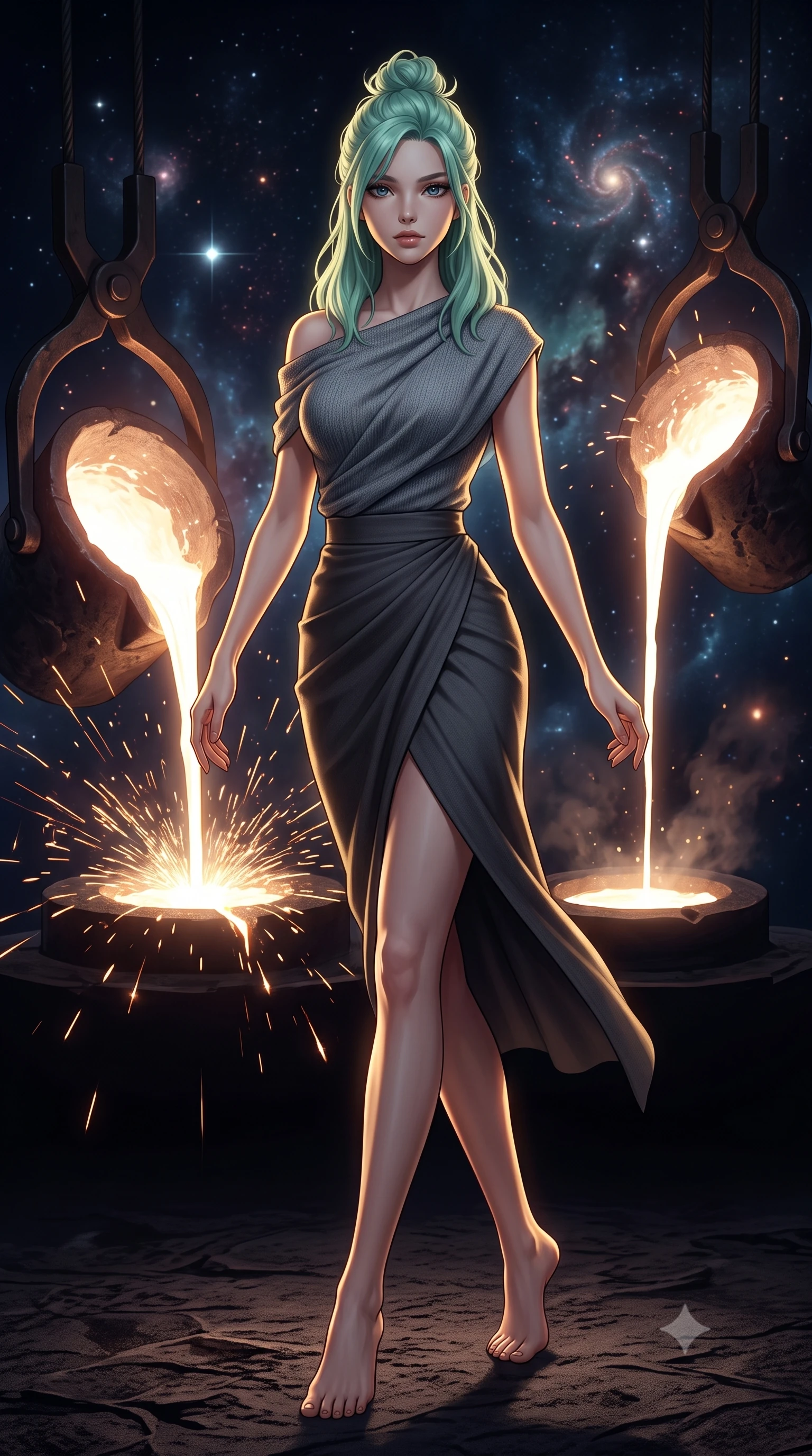 score_9, masterpiece, best quality, ultra-detailed, high-budget anime keyframe, editorial fashion photography, tasteful artistic composition, Japanese woman. low angle full-body shot from head to toe showing her feet, filling the entire 9:16 vertical frame with her statuesque presence, stretching her vertical silhouette. navigating with fluid motion through a cosmic smithy where new stars are forged in massive crucibles of dark matter molten stellar material glowing white-hot as it is poured into celestial molds by gravitational tongs sparks of nuclear fusion flying. She has a statuesque 8.5-heads proportion, an exceptionally tall, slender and willowy model-like build with impossibly long legs and a highly sculpted ultra-slim waist. sharp v-shaped jawline, high-bridge nose, intricate jewel-like eyes with depth, thick eyelashes, glossy lips with a natural sheen. wearing an asymmetric draped knit top in slate grey, paired with a matching high-waisted charcoal wrap skirt wrapping her hips. dramatic chiaroscuro with a single golden key light sculpting her silhouette. 2k, ultra detail, master piece, 9:16 ratio