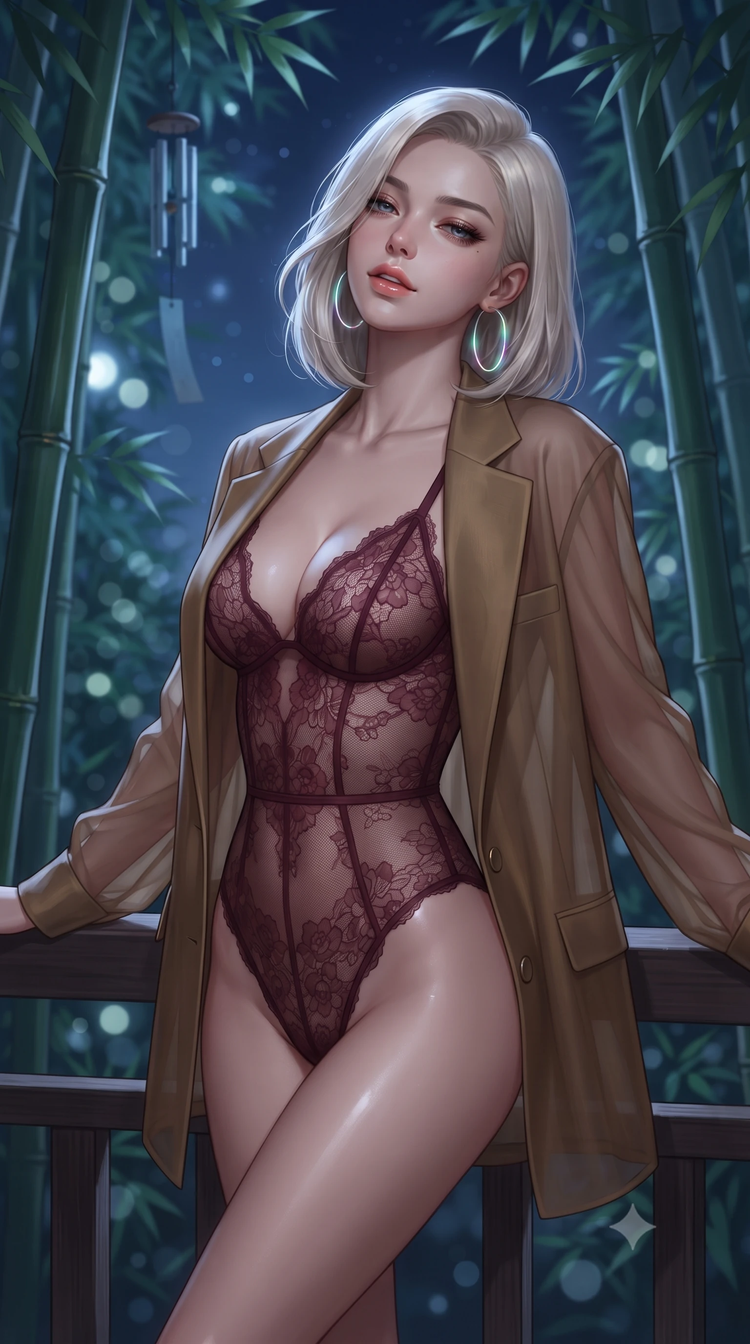 score_9, masterpiece, best quality, ultra-detailed, high-budget anime keyframe, editorial fashion photography, tasteful artistic composition, Caucasian woman. close-up cowboy shot from the waist and thighs up, the character dominates the composition, filling the frame with her large presence. leaning back against the balustrade with relaxed seductive grace, head tilted back slightly while casting a hypnotic, heavy-lidded gaze while standing poised between towering bamboo stalks with hips cocked back, arching her spine with seductive dancer grace under the midnight sky. The background shows a soft-focus swaying emerald bamboo leaves, wind chimes, and deep indigo night sky blurred into seafoam, charcoal, and silver bokeh. She has an exceptionally elegant, slender, and willowy female figure with an ultra-slim waist, flat toned midriff, narrow ribcage, and sculpted feminine hips creating an alluring, slim hourglass silhouette without bulk. sharp v-shaped jawline, high-bridge nose, sparkling eyes with hypnotic seductive depth, thick curled eyelashes, glossy parted lips with a natural dewy peach sheen, alluring bedroom-eyes with an enchanting coquettish smile, exuding magnetic siren charisma and sophisticated glamour, flawlessly proportioned anatomical accuracy, strict slender model proportions, natural body alignment, perfectly sculpted long slender limbs, ultra-slim waistline, clean dynamic posture without body distortion. wearing a delicate sheer floral lace teddy layered under an open tailored oversized blazer draped casually over bare shoulders in smoky bordeaux wine and gilded bronze, made of sheer gossamer chiffon that drapes softly against skin with airy translucence, accented with oversized polished chrome hoop earrings catching the ambient neon glow, the form-contouring silhouette accentuating her sculpted flat midriff, narrow delicate ribcage, and gracefully curvy hips with intoxicating allure. bathed in cool moonlight filtering delicately through the dense bamboo canopy. ultra-reflective glossy finish, specular highlights, rich textural contrasts, high-contrast stereoscopic depth, volumetric dynamic lighting, 2k, ultra detail, master piece, 9:16 ratio
