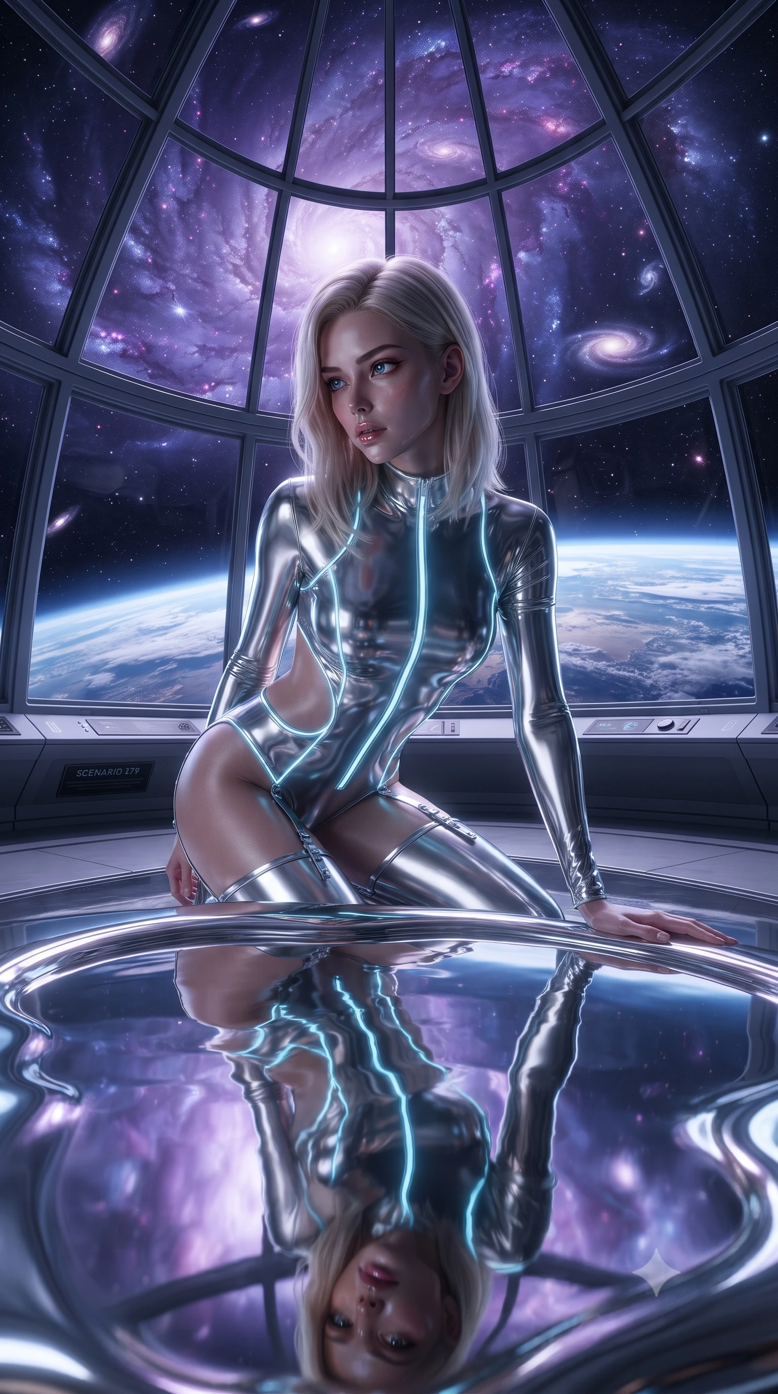 score_9, masterpiece, best quality, ultra-detailed, High-budget Anime Keyframe, editorial fashion photography, tasteful artistic composition, realistic cosplay photography, Caucasian woman, strictly human ears. Low angle cowboy shot filling the entire 9:16 frame with her statuesque presence. Scenario 279: gazing at her reflection in a pool of liquid silver in a high-altitude observatory dome under a swirling violet nebula. Her presence is magnetic and overpowering in this high-budget cinematic scene. Outfit 279: a tailored molten liquid silk garter with a strategic side cut-outs and glowing LED seams. The clothing is designed to emphasize her exceptionally tall and slender 8-heads proportion. 8-heads proportion, towering silhouette, ultra-slim waist. sharp v-shaped jawline, intricate jewel-like eyes with depth, thick eyelashes, glossy lips. ultra-reflective glossy finish, specular highlights, metallic sheen, high-contrast stereoscopic depth, volumetric dynamic lighting, 2k, ultra detail, master piece, 9:16 ratio
