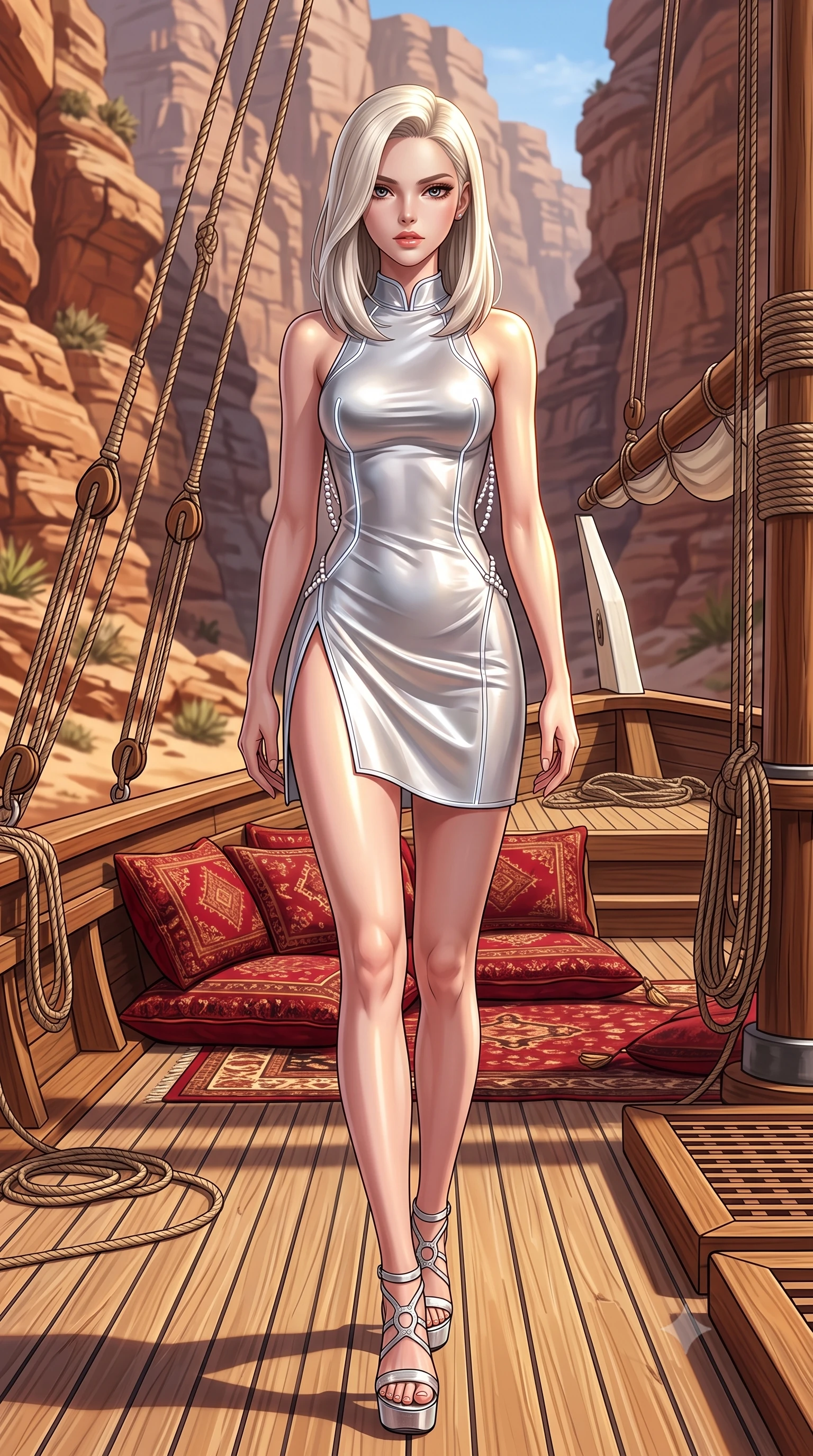 score_9, masterpiece, best quality, ultra-detailed, high-budget anime keyframe, semi-realistic 3D game render, editorial fashion photography, tasteful artistic composition, Caucasian woman. low angle full-body shot from head to toe showing her feet, filling the entire 9:16 vertical frame with her statuesque presence, stretching her vertical silhouette. striding forward in a proud supermodel runway stride, hips swaying in an alluring kinetic rhythm that accentuates her curvy hourglass silhouette while reclining on rich crimson Persian cushions on the open teak deck of a luxury dhow cruising through towering desert fjord canyons. The surrounding environment is rendered in vivid detail and crisp panoramic clarity. sharp teak ship deck caulking, nautical rope rigging, and fjord sandstone strata in deep focus. She has an exceptionally tall and slender model-like 8.5-heads proportion, an ultra-slim waist, a flat toned midriff, narrow delicate ribcage, and beautifully sculpted feminine hips creating a graceful, slim hourglass silhouette without any bulky heaviness, with impossibly long slender legs. sharp v-shaped jawline, high-bridge nose, intricate jewel-like eyes with depth, thick eyelashes, glossy parted lips with a natural sheen, intensely captivating and seductive bedroom-eyes expression, flawlessly proportioned anatomical accuracy, strict slender model proportions, natural body alignment, perfectly sculpted long slender limbs, ultra-slim waistline, clean dynamic posture without body distortion. wearing a modernized cyber-qipao mini dress with an ultra-high side slit ascending to the hip and glowing piping in shimmering silver mercury and pearl white, tailored from liquid silk jersey adhering flawlessly to her slender build, accented with a multi-strand pearl back necklace cascading down her bare spine to her hips, the second-skin form-contouring cut accentuating her sculpted flat midriff, narrow delicate ribcage, and gracefully curvy hips with supermodel precision. illuminated by intense golden specular reflections sculpting her bare collarbones, ultra-slim waist, and curvy hips. highly saturated vibrant anime colors, detailed shading with soft gradients, rich glossy textures, high-contrast stereoscopic depth, volumetric dynamic lighting, master piece, 9:16 ratio