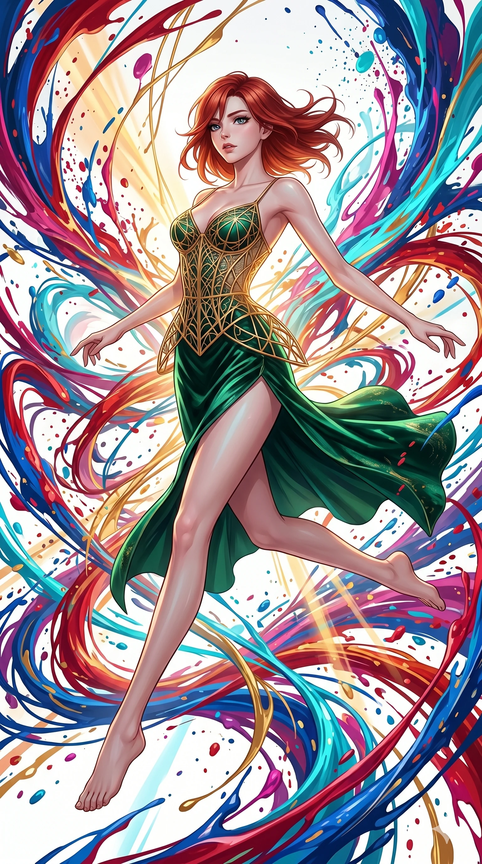 score_9, masterpiece, best quality, ultra-detailed, high-budget anime keyframe, Japanese woman. low angle full-body shot filling the entire 9:16 frame with her statuesque presence, stretching the vertical silhouette. leaping into a vorticist paint splatter dimension where thousands of vivid acrylic paint ribbons and splatters swirl around her in a white gallery void. She has an absolutely perfect 8-heads proportion, an exceptionally tall and slender female figure with impossibly long slender legs and an ultra-slim waist. V-shaped jawline, high-bridge nose, intricate jewel-like eyes with depth, thick eyelashes, glossy lips with a natural sheen.. wearing a mathematical gold wire cage corset and an emerald green silk velvet slip dress with a thigh-high side slit. showcasing a beautiful play of light and shadow, with warm golden rays clashing against cool cyan highlights. 2k, ultra detail, master piece, 9:16 ratio