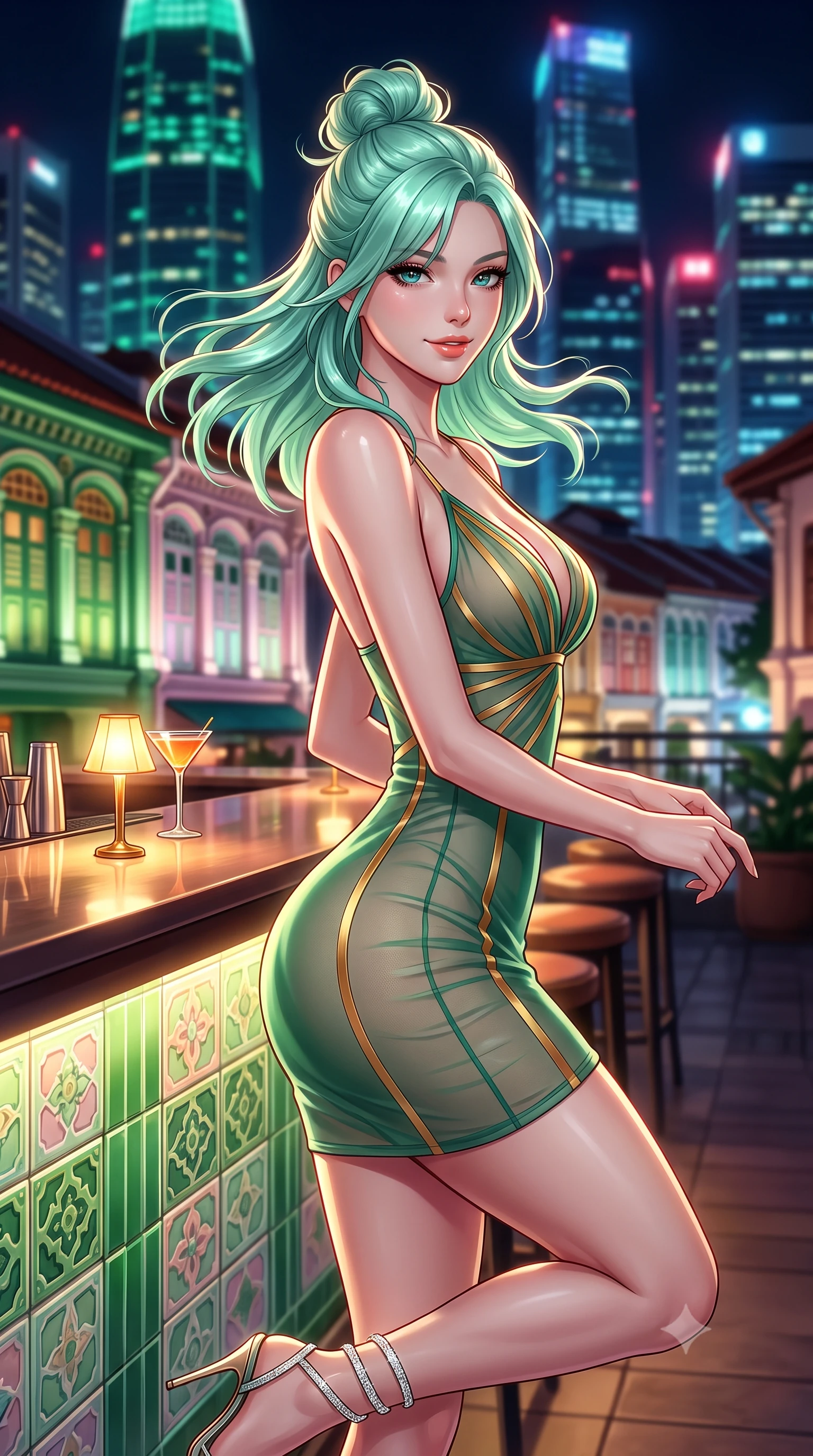 score_9, masterpiece, best quality, ultra-detailed, high-budget anime keyframe, semi-realistic 3D game render, editorial fashion photography, tasteful artistic composition, Japanese woman. close-up cowboy shot from the waist and thighs up, the character dominates the composition, filling the frame with her large presence. turning slowly with an enchanting smoldering smile, her glossy hair tossing in the breeze as her hips angle gracefully in a captivating contrapposto while twisting her slender torso in an alluring contrapposto stance beside the illuminated bar, warm cocktail lamp light tracing her flat midriff and curvy hips. The background shows a soft-focus vivid green and pastel glazed Peranakan tiles, historic shophouse rooflines contrasted with soaring illuminated CBD skyscrapers, blurred into jade, ruby, and sapphire bokeh. She has an exceptionally elegant, slender, and willowy female figure with an ultra-slim waist, flat toned midriff, narrow ribcage, and sculpted feminine hips creating an alluring, slim hourglass silhouette without bulk. sharp v-shaped jawline, high-bridge nose, intricate jewel-like sparkling eyes with depth, thick eyelashes, glossy parted lips with a natural peach sheen, bright cheerful beaming smile with an enchanting and coquettish sensual glint, exuding both youthful cute charm and seductive allure, flawlessly proportioned anatomical accuracy, strict slender model proportions, natural body alignment, perfectly sculpted long slender limbs, ultra-slim waistline, clean dynamic posture without body distortion. wearing a plunge-front sheer illusion tulle slip dress with liquid gold ribbon stripes hugging her curves in Tanjong Pagar Peranakan jade green and gilded vermilion, woven from fine semi-opaque stretch illusion mesh tracing her slender contours, complemented by strappy stiletto sandals with crystal ankle wraps accentuating her slender calves, the liquid-tight tailored fabric clinging flawlessly to her narrow waist and rounded feminine hips, emphasizing every millimeter of her sculpted slim hourglass curves without any bulky heaviness. illuminated by bar counter reflection fill and sharp rose-gold rim lights defining her razor-sharp jawline, narrow waist, and curvy hips. highly saturated vibrant anime colors, detailed shading with soft gradients, rich glossy textures, high-contrast stereoscopic depth, volumetric dynamic lighting, master piece, 9:16 ratio