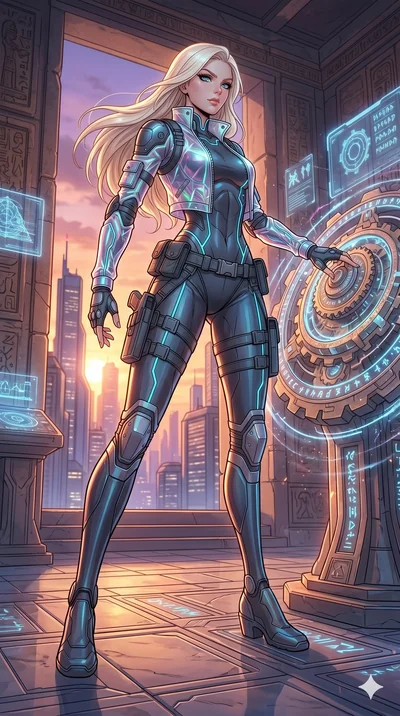score_9, masterpiece, best quality, ultra-detailed, high-budget anime movie keyframe, cinematic anime lighting, intricate line art, Caucasian (strictly human ears) woman. Low angle cowboy shot capturing a powerful motion and statuesque presence. adju