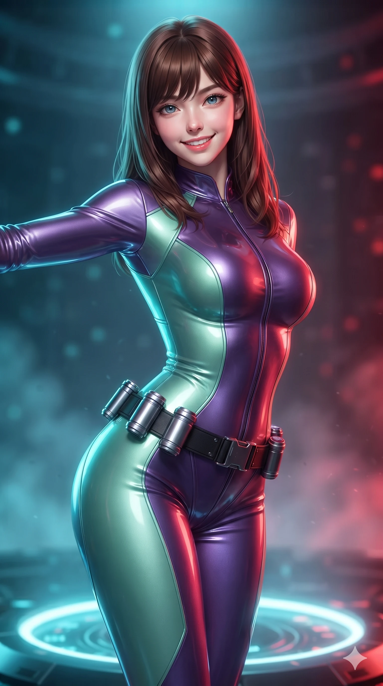 score_9, masterpiece, best quality, ultra-detailed, high-budget anime keyframe, editorial fashion photography, tasteful artistic composition, Korean woman. close-up cowboy shot from the waist and thighs up, the character dominates the composition, filling the frame with her large presence. twisting her slender torso in an alluring S-curve, dynamic rim light painting her narrow waist and curvy hips in fire while standing poised on the central instrumentation dais, arching her spine with sovereign ancient-future grace as relativistic blue-shifted light on one side and red-shifted light on the other illuminate her body. The background shows a soft-focus quantum particulate haze softened in deep space physics chamber shallow focus. She has an exceptionally elegant, slender, and willowy female figure with an ultra-slim waist, flat toned midriff, narrow ribcage, and sculpted feminine hips creating an alluring, slim hourglass silhouette without bulk. sharp v-shaped jawline, high-bridge nose, intricate jewel-like sparkling eyes with depth, thick eyelashes, glossy parted lips with a natural sheen, bright confident smile with an enchanting and coquettish sensual glint, exuding both youthful magnetic charm and sovereign high-tech allure, flawlessly proportioned anatomical accuracy, strict slender model proportions, natural body alignment, perfectly sculpted long slender limbs, ultra-slim waistline, clean dynamic posture without body distortion. wearing a sculpted liquid vinyl second-skin bodycon suit hugging every curve of her feminine hips with metallic luster in phosphorescent ultraviolet amethyst and mint green, woven from buttery-soft stretch lambskin leather adhering to her body like a second skin, accented with a sleek utility belt with polished magnetic canisters resting loosely on her curvy hips, the impeccably tailored cut draping gracefully along her slender figure with aristocratic poise. bathed in dramatic split relativistic lighting: blazing electric cyan on the approaching side and fiery crimson on the receding side. ultra-reflective glossy finish, specular highlights, rich textural contrasts, high-contrast stereoscopic depth, volumetric dynamic lighting, 2k, ultra detail, master piece, 9:16 ratio