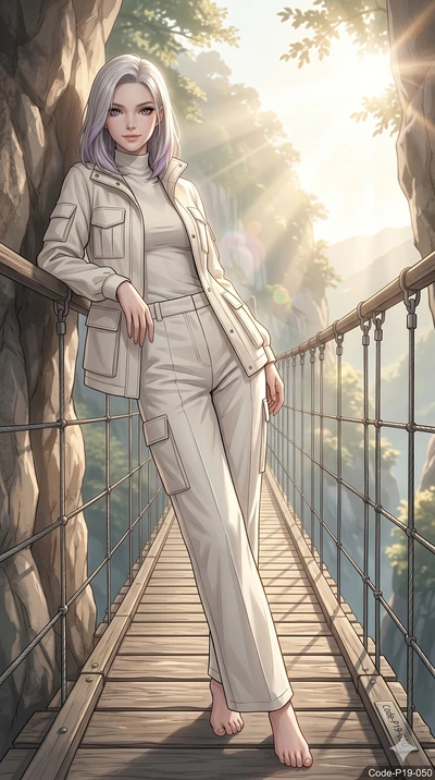 score_9, masterpiece, best quality, ultra-detailed, high-budget anime keyframe, editorial fashion photography, tasteful artistic composition, Caucasian woman, strictly human ears. low angle full-body shot from head to toe showing her feet, filling th