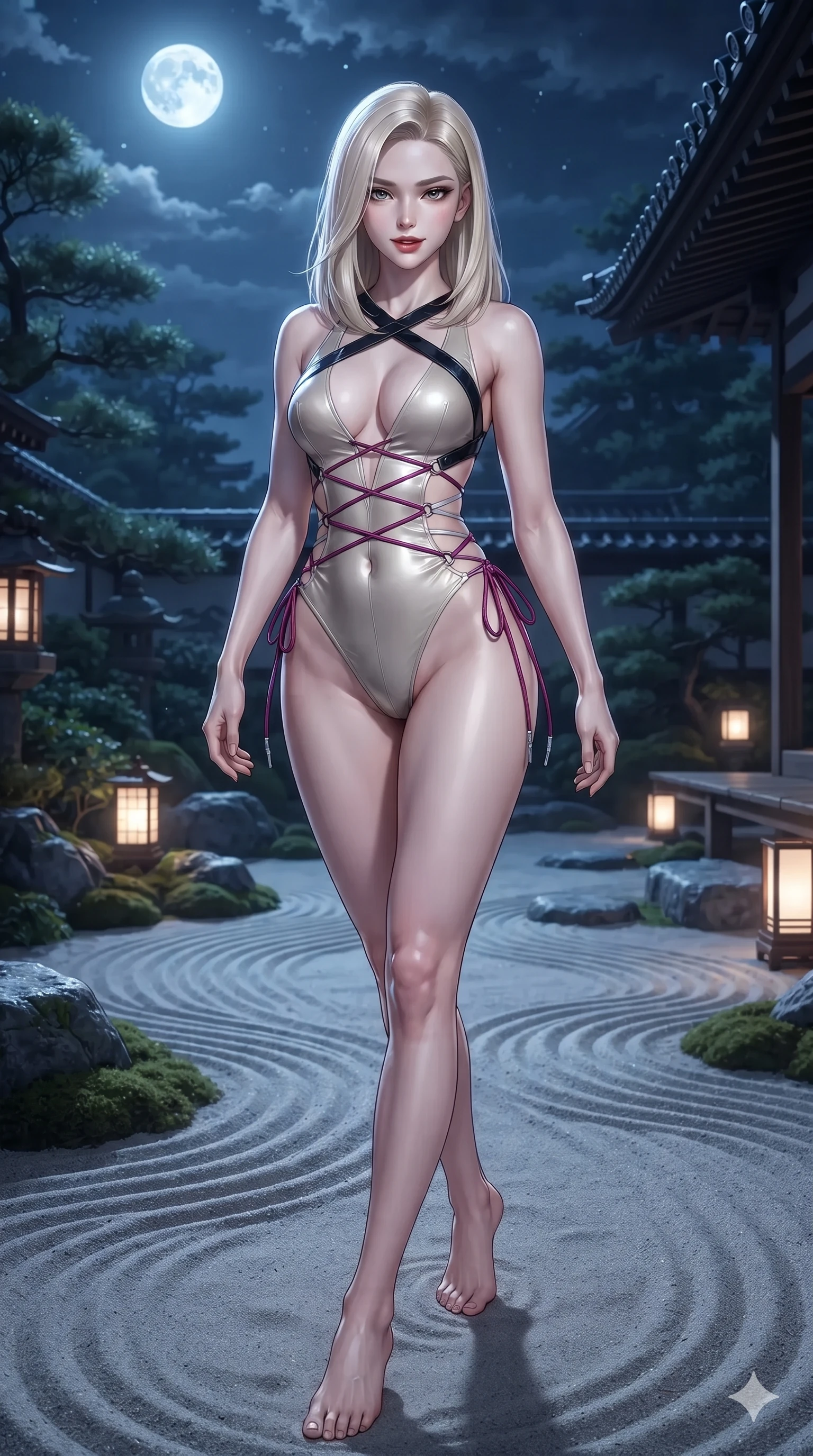 score_9, masterpiece, best quality, ultra-detailed, high-budget anime keyframe, editorial fashion photography, tasteful artistic composition, Korean woman. low angle full-body shot from head to toe showing her feet, filling the entire 9:16 vertical frame with her statuesque presence, stretching her vertical silhouette. navigating the midnight sanctuary with an effortless, graceful stride, hips swaying in an alluring sensual rhythm while twisting her slender torso in an alluring contrapposto stance, cool full-moon beams tracing her flat midriff and curvy hips. The surrounding environment is rendered in vivid detail and crisp panoramic clarity: detailed liquid mercury metallic gown tailoring, hip-high side slit, and traditional Japanese garden craft in razor-sharp precision. She has an absolutely perfect, statuesque 8.5-heads proportion, an exceptionally tall and slender model-like female figure with impossibly long slender legs, an ultra-slim waist, a flat toned midriff, narrow delicate ribcage, and beautifully sculpted feminine hips creating a graceful, slim hourglass silhouette without any bulky heaviness. sharp v-shaped jawline, high-bridge nose, intricate jewel-like dark sparkling eyes with hypnotic seductive depth, thick curled eyelashes, glossy parted lips with a natural wine sheen, alluring bedroom-eyes with an enigmatic smoldering smile, exuding magnetic sovereign charisma and dark avant-garde glamour, flawlessly proportioned anatomical accuracy, strict slender model proportions, natural body alignment, perfectly sculpted long slender limbs, ultra-slim waistline, clean dynamic posture without body distortion. wearing a low-slung cutaway leather bodysuit with bare hip flanks and criss-cross cord ties in royal amaranth purple and liquid platinum, made of supple butter-soft lambskin leather with a subtle satin sheen, featuring an open-back criss-cross harness strap in patent black leather, contouring every curve with an exceptionally elegant silhouette and captivating allure. illuminated by moonlit sand ripple bounce and sharp silver-topaz rim lights defining her razor-sharp jawline, narrow waist, and curvy hips. ultra-reflective glossy finish, specular highlights, metallic sheen, high-contrast stereoscopic depth, volumetric dynamic lighting, 2k, ultra detail, master piece, 9:16 ratio