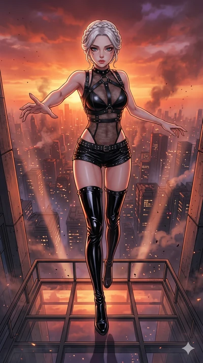 score_9, masterpiece, best quality, ultra-detailed, high-budget anime movie keyframe, cinematic anime lighting, intricate line art, Korean woman. Extreme high angle shot as she leaps towards the camera, filling the frame. surveying a sprawling mega-c