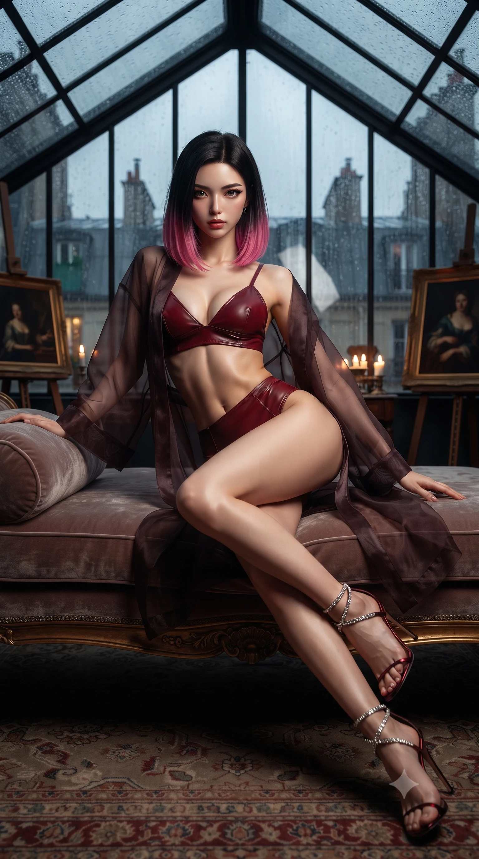 score_9, masterpiece, best quality, ultra-detailed, high-budget anime keyframe, editorial fashion photography, tasteful artistic composition, Korean woman. low angle full-body shot from head to toe showing her feet, filling the entire 9:16 vertical frame with her statuesque presence, stretching her vertical silhouette. lounging on the lavish daybed with legs crossed and hips angled toward the camera, displaying her toned midriff and long slender limbs with effortless siren poise while twisting her slender torso in an alluring contrapposto stance, midnight rain tapping on glass above as candlelight plays across her curves. The background shows a soft-focus cast-iron pitched greenhouse skylights with rain streaks, antique oil paintings on easels, and Paris zinc roofs blurred into slate, emerald, and amber bokeh. She has an absolutely perfect, statuesque 8.5-heads proportion, an exceptionally tall and slender model-like female figure with impossibly long slender legs, an ultra-slim waist, a flat toned midriff, narrow delicate ribcage, and beautifully sculpted feminine hips creating a graceful, slim hourglass silhouette without any bulky heaviness. sharp v-shaped jawline, high-bridge nose, sparkling eyes with hypnotic seductive depth, thick curled eyelashes, glossy parted lips with a natural dewy peach sheen, alluring bedroom-eyes with an enchanting coquettish smile, exuding magnetic siren charisma and sophisticated glamour, flawlessly proportioned anatomical accuracy, strict slender model proportions, natural body alignment, perfectly sculpted long slender limbs, ultra-slim waistline, clean dynamic posture without body distortion. wearing a sheer organza kimono robe worn loose and slipping off bare shoulders over a matching satin bralette and high-waisted briefs in rich cherry lacquer and smoky charcoal, woven from buttery-soft stretch lambskin leather adhering to her body like a second skin, complemented by strappy stiletto sandals with crystal ankle wraps accentuating her slender calves, the precision-cut side openings and low-back scoop framing her graceful spine and the sensual sweep of her slim, toned hips. illuminated by skylight reflection fill and sharp warm-gold rim lights sculpting her razor-sharp jawline, narrow waist, and curvy hips. ultra-reflective glossy finish, specular highlights, rich textural contrasts, high-contrast stereoscopic depth, volumetric dynamic lighting, 2k, ultra detail, master piece, 9:16 ratio