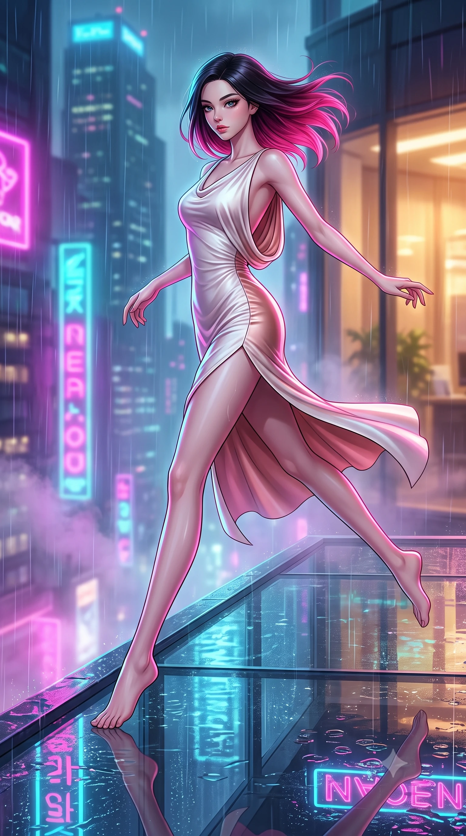score_9, masterpiece, best quality, ultra-detailed, high-budget anime keyframe, editorial fashion photography, tasteful artistic composition, Korean woman. low angle full-body shot from head to toe showing her feet, filling the entire 9:16 vertical frame with her statuesque presence, stretching her vertical silhouette. leaping gracefully through mid-air with statuesque elegance, her impossibly long slender legs stretched in perfect balance while standing dynamically on the glass ledge of a 100th-floor rooftop during a neon rainstorm, soft urban mist scattering vibrant magenta and cyan neon rim light around her form. She has an absolutely perfect, statuesque 8.5-heads proportion, an exceptionally tall and slender model-like female figure with impossibly long slender legs and an ultra-slim waist. sharp v-shaped jawline, high-bridge nose, intricate jewel-like eyes with depth, thick eyelashes, glossy lips with a natural sheen, flawlessly proportioned anatomical accuracy, natural body alignment, perfectly sculpted elegant limbs, clean dynamic posture without body distortion. wearing a precision-fitted liquid jersey bodycon dress with a graceful draped back in pearl white and rose gold, crafted from lustrous satin jersey with fluid draping, finished with a sleek side slit ascending to mid-thigh, the form-contouring material highlighting her ultra-slim waist and long lines. illuminated by warm indoor golden light and cool rainy blue neon rim light. highly saturated vibrant anime colors, detailed shading with soft gradients, rich glossy textures, high-contrast stereoscopic depth, volumetric dynamic lighting, master piece, 9:16 ratio