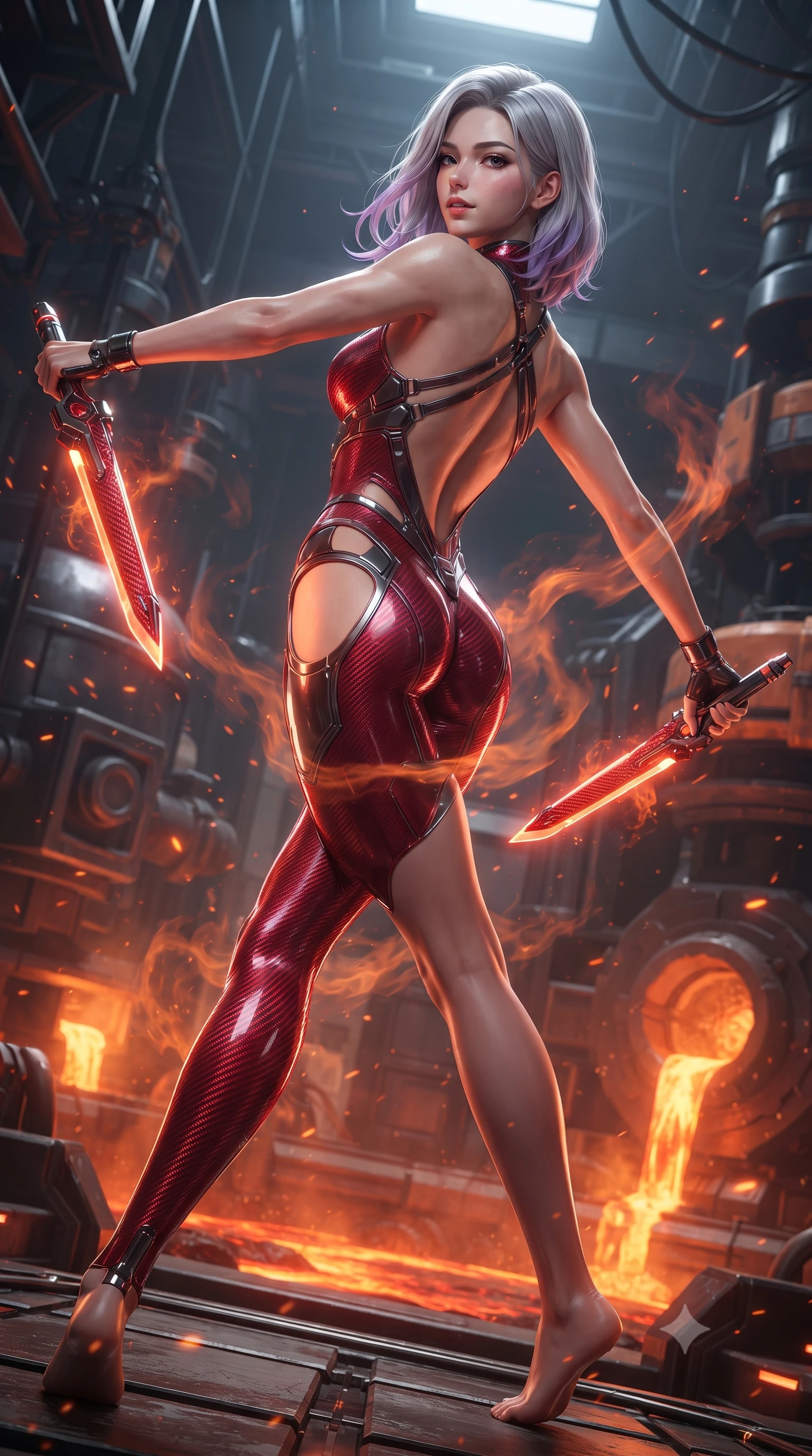 score_9, masterpiece, best quality, ultra-detailed, high-budget anime keyframe, editorial fashion photography, tasteful artistic composition, Caucasian woman. low angle full-body shot from head to toe showing her feet, filling the entire 9:16 vertical frame with her statuesque presence, stretching her vertical silhouette. pivoting dynamically in mid-motion with a breathtakingly alluring posture, displaying her flawless model proportions, toned flat midriff, and ultra-slim waist while arching her spine in a fluid stretch as rising heat waves and orange embers swirl around her sculpted silhouette. The surrounding environment is rendered in vivid detail and crisp panoramic clarity. intense geothermal chiaroscuro and raw high-tech forging architecture rendered with precision. She has an absolutely perfect, statuesque 8.5-heads proportion, an exceptionally tall and slender model-like female figure with impossibly long slender legs, a toned flat midriff, and an ultra-slim waist. sharp v-shaped jawline, high-bridge nose, intricate jewel-like eyes with depth, thick eyelashes, glossy lips with a natural sheen, flawlessly proportioned anatomical accuracy, strict slender model proportions, natural body alignment, perfectly sculpted long slender limbs, ultra-slim waistline, clean dynamic posture without body distortion. wearing a skin-tight crimson carbon-weave combat leotard with metallic dark chrome plating and hip-accentuating cutouts, holding twin glowing high-frequency vibro-blades with effortless supermodel poise in deep crimson carbon weave with specular dark chrome accents, crafted from semi-translucent cybernetic carbon-vinyl interwoven with glowing micro-filaments, complemented by criss-cross back harness straps highlighting her completely bare spine, the form-contouring material adhering flawlessly to her sculpted flat midriff and slender torso, emphasizing her long leg lines and perfectly proportioned willowy build. bathed in blazing orange magma uplights and intense molten plasma scythe glow. ultra-reflective glossy finish, specular highlights, dark metallic sheen, high-contrast stereoscopic depth, volumetric dynamic lighting, 2k, ultra detail, master piece, 9:16 ratio