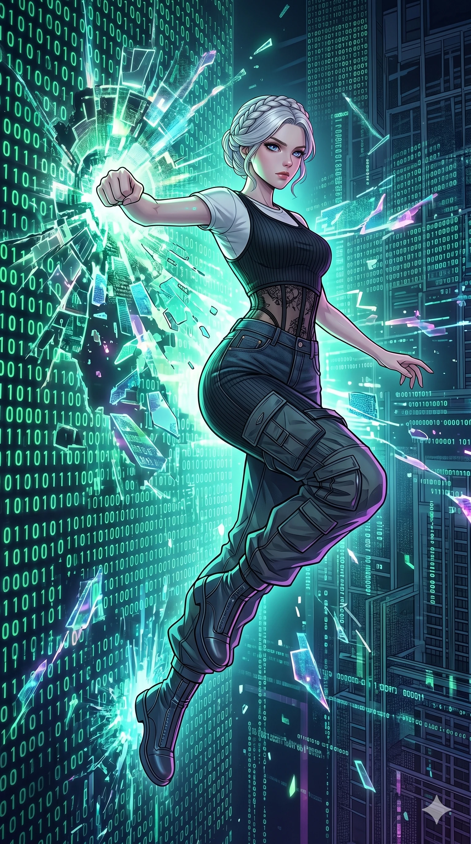 score_9, masterpiece, best quality, ultra-detailed, high-budget anime movie keyframe, cinematic anime lighting, intricate line art, Korean woman. Mid-air action shot capturing a graceful twist and vertical silhouette. escaping a digital prison by breaking through walls of binary. She has an absolutely perfect 8-heads proportion, an exceptionally tall and slender female figure with an ultra-slim waist and impossibly long slender legs. strictly human anatomy, two legs only, no extra limbs, clearly defined legs and arms, perfect anatomy, perfect hands and fingers. sharp v-shaped jawline, high-bridge nose, intricate jewel-like eyes, thick eyelashes, glossy lips. Wearing Urban Trendsetter: Ribbed bodycon dress, crop top with high-waist denim, and sheer corset with cargo pants. The scene is illuminated by dramatic atmospheric lighting and vibrant color palettes. , 2k, ultra detail, master piece, 9:16 ratio